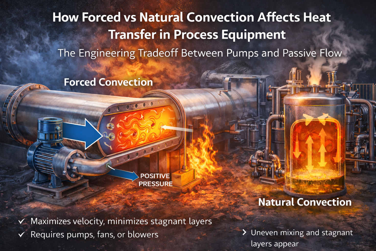 Convection heat transfer in process equipment showing fluid velocity, boundary layer behavior, and forced versus stagnant flow