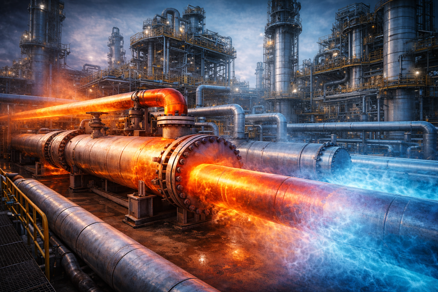 Heat transfer occurring due to temperature difference between hot and cold process plant piping