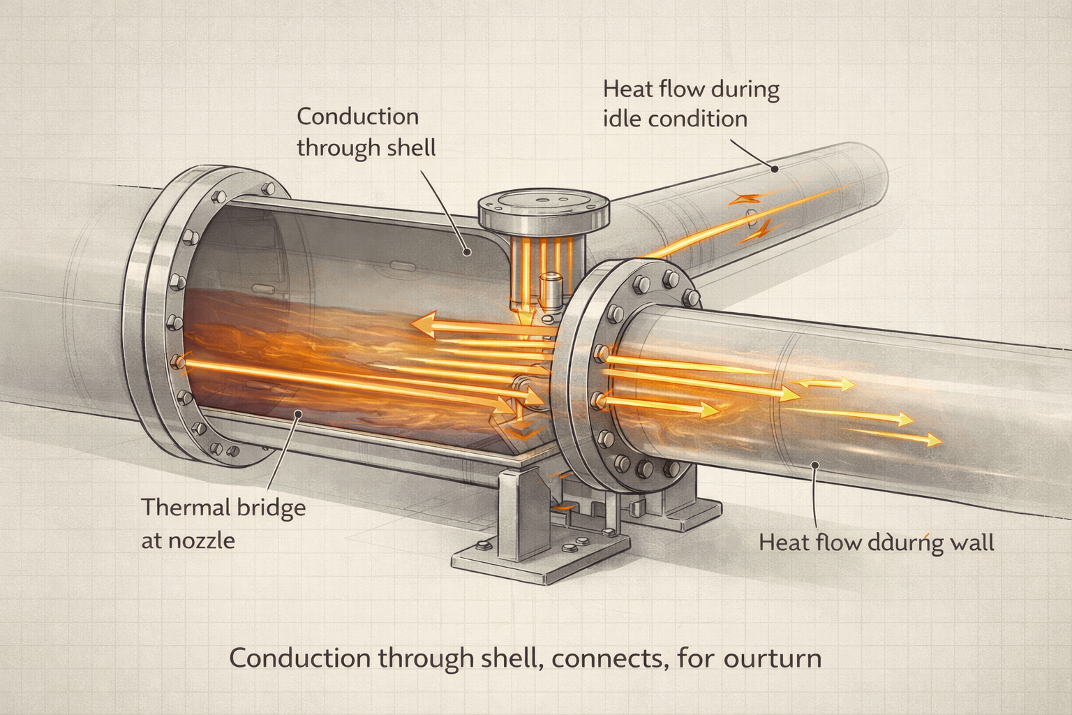 Conduction heat transfer through vessel shells, piping, flanges, and supports in process equipment during low-flow and idle conditions