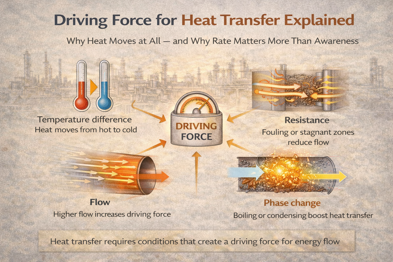 driving force for heat transfer is temperature difference opposed by resistance