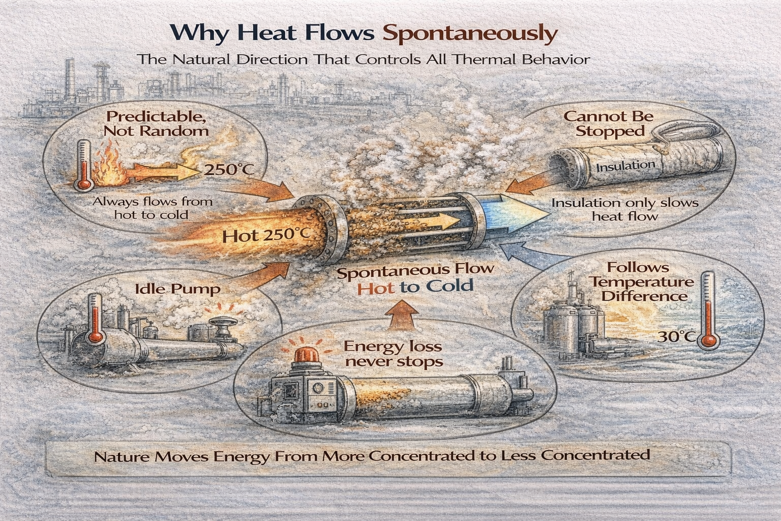 why heat flows spontaneously from hot to cold in process plants
