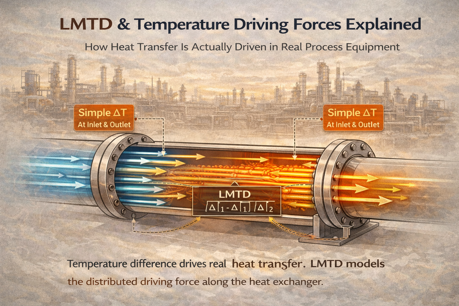 LMTD temperature driving force in a heat exchanger showing how local temperature difference varies along equipment length