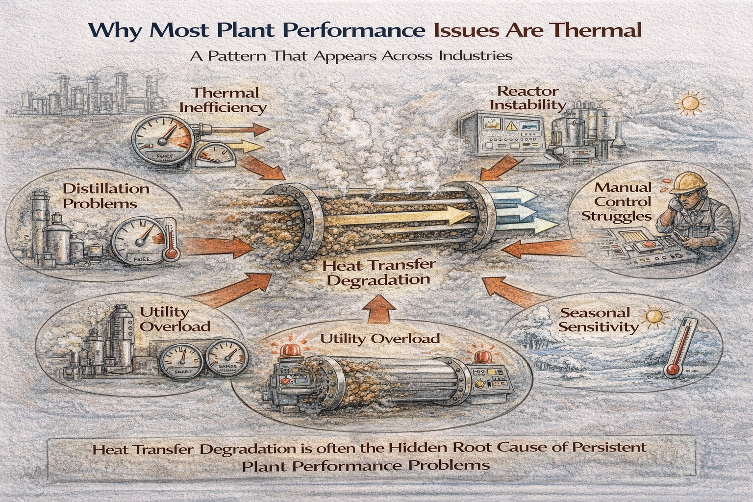 Why most plant performance issues are thermal due to heat transfer degradation, fouling, and utility limitations