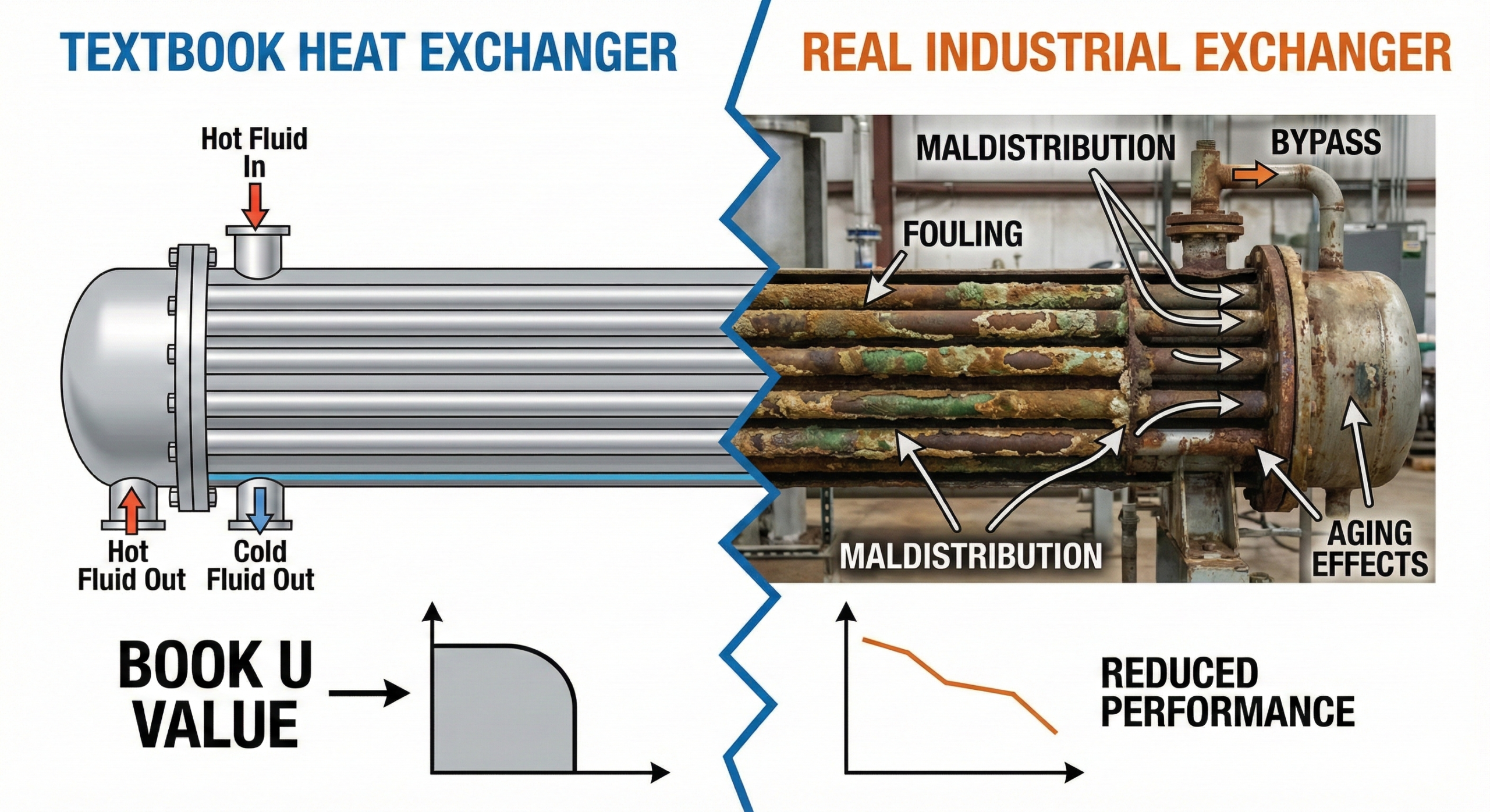 Comparison illustration of textbook U value assumptions versus real heat exchanger performance affected by fouling and aging