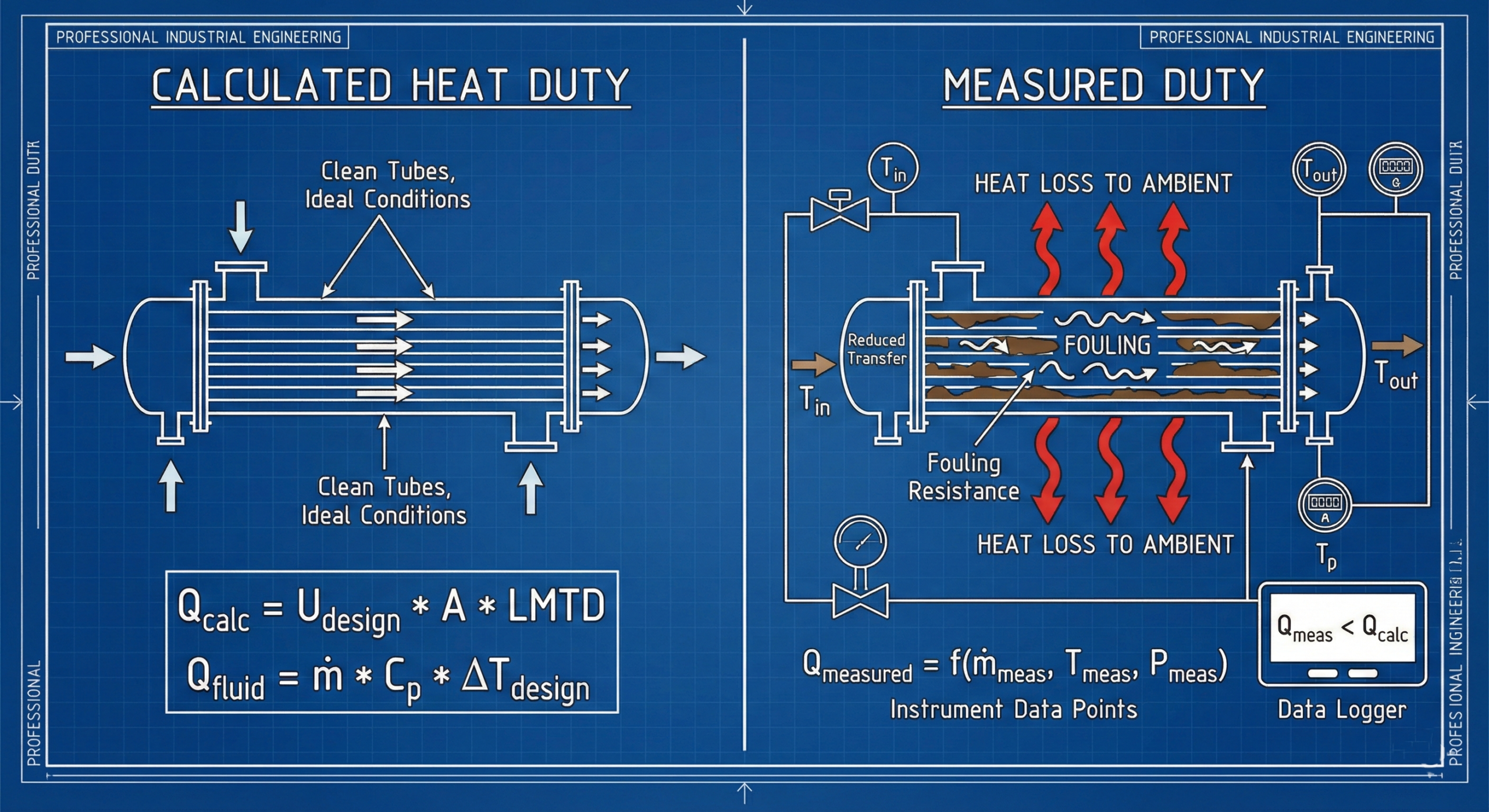 Diagram showing difference between calculated heat duty and measured performance in a heat exchanger