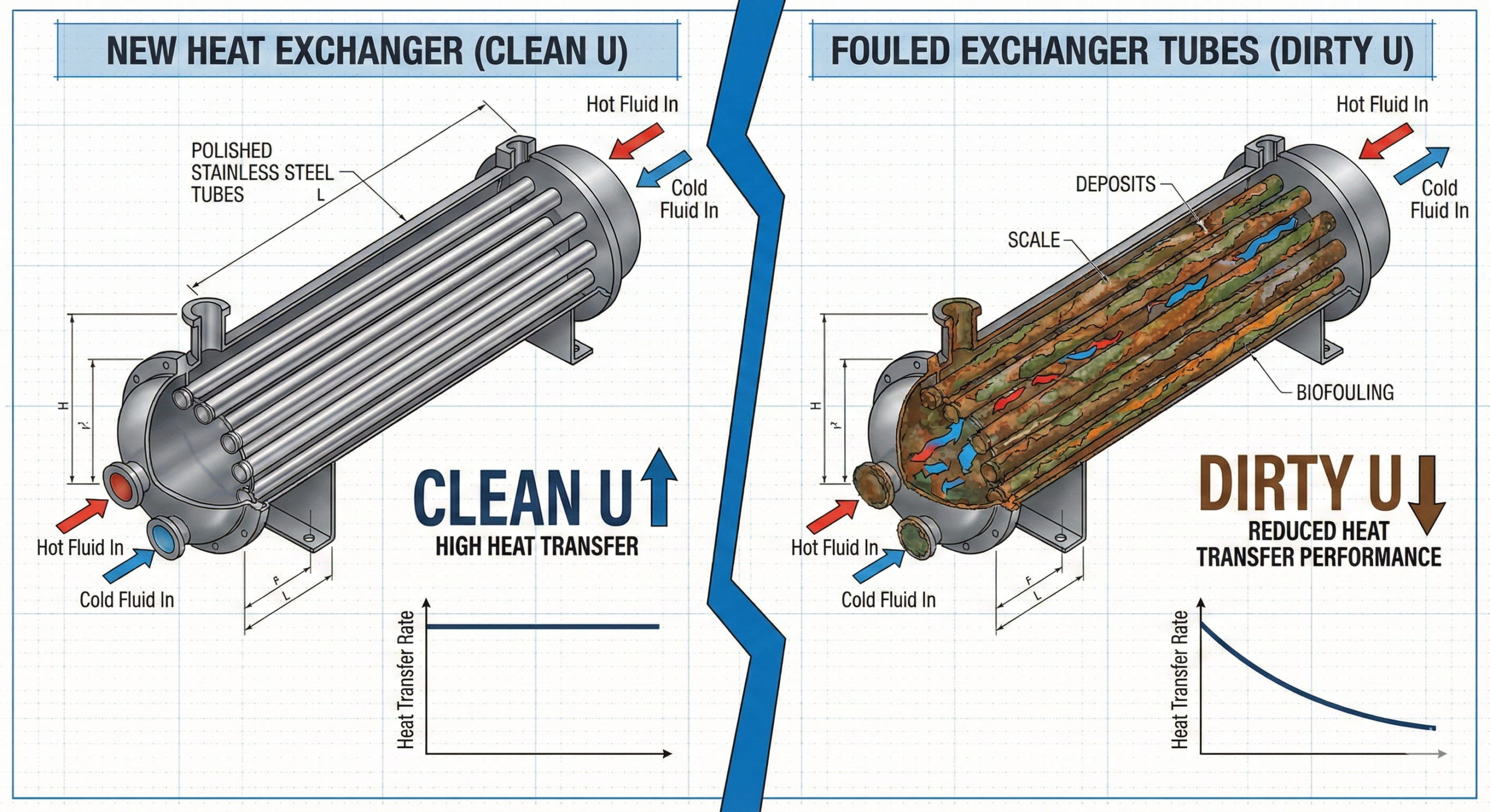 Comparison diagram of clean heat exchanger versus fouled exchanger showing difference between clean U and dirty U