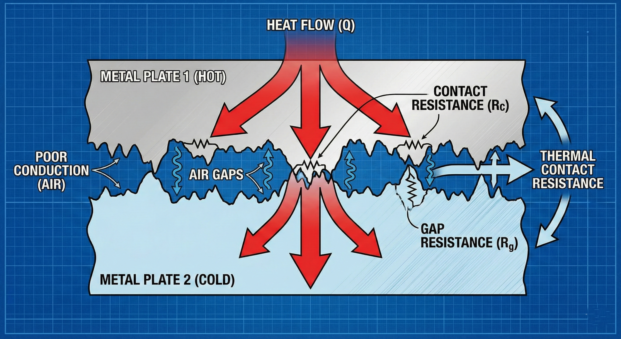 Microscopic air gaps between two metal surfaces causing contact resistance in heat transfer