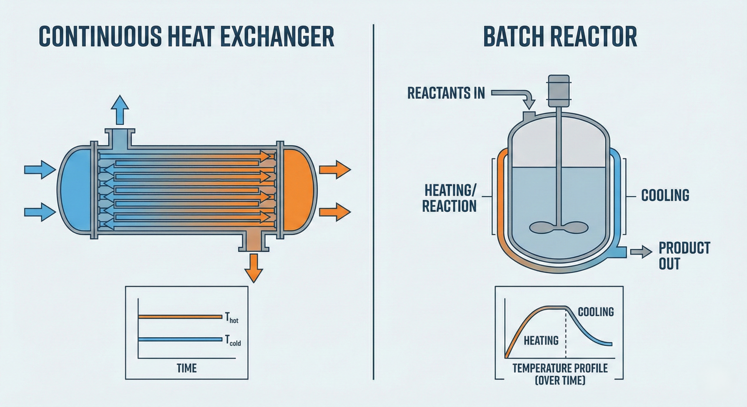 Diagram comparing continuous heat exchanger steady operation with batch cyclic heating and cooling