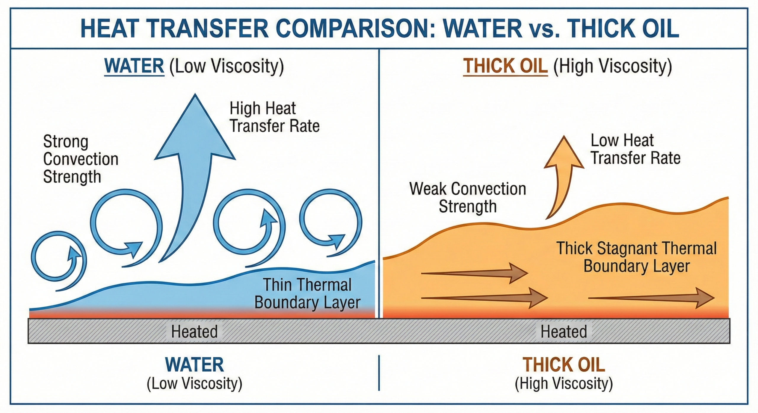 Comparison of convection heat transfer in water vs viscous fluid showing thick boundary layer