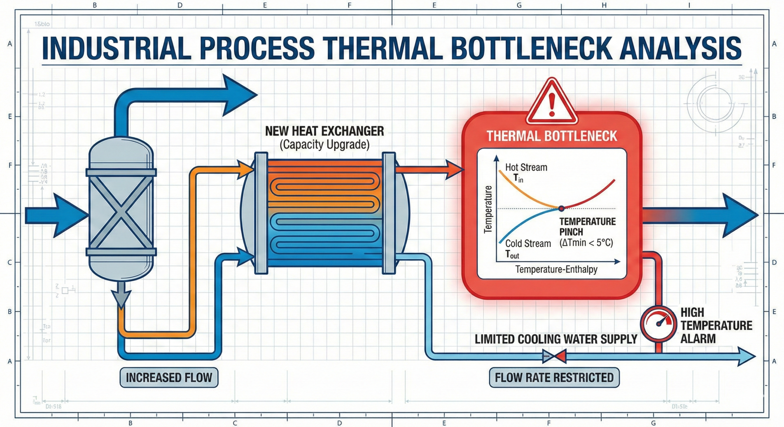 Process plant diagram showing added exchanger but capacity still limited due to thermal bottleneck