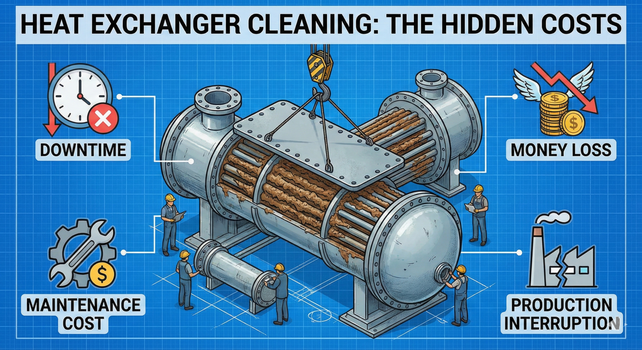 Heat exchanger maintenance shutdown showing economic impact of frequent cleaning