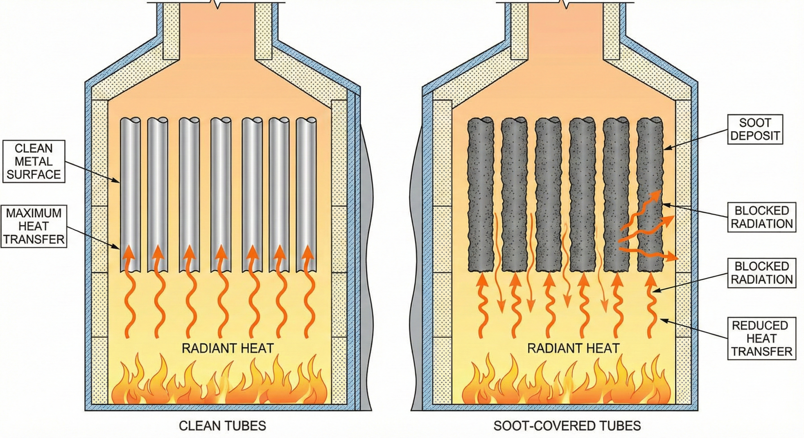 Comparison of clean and dirty furnace tubes showing blocked radiant heat transfer