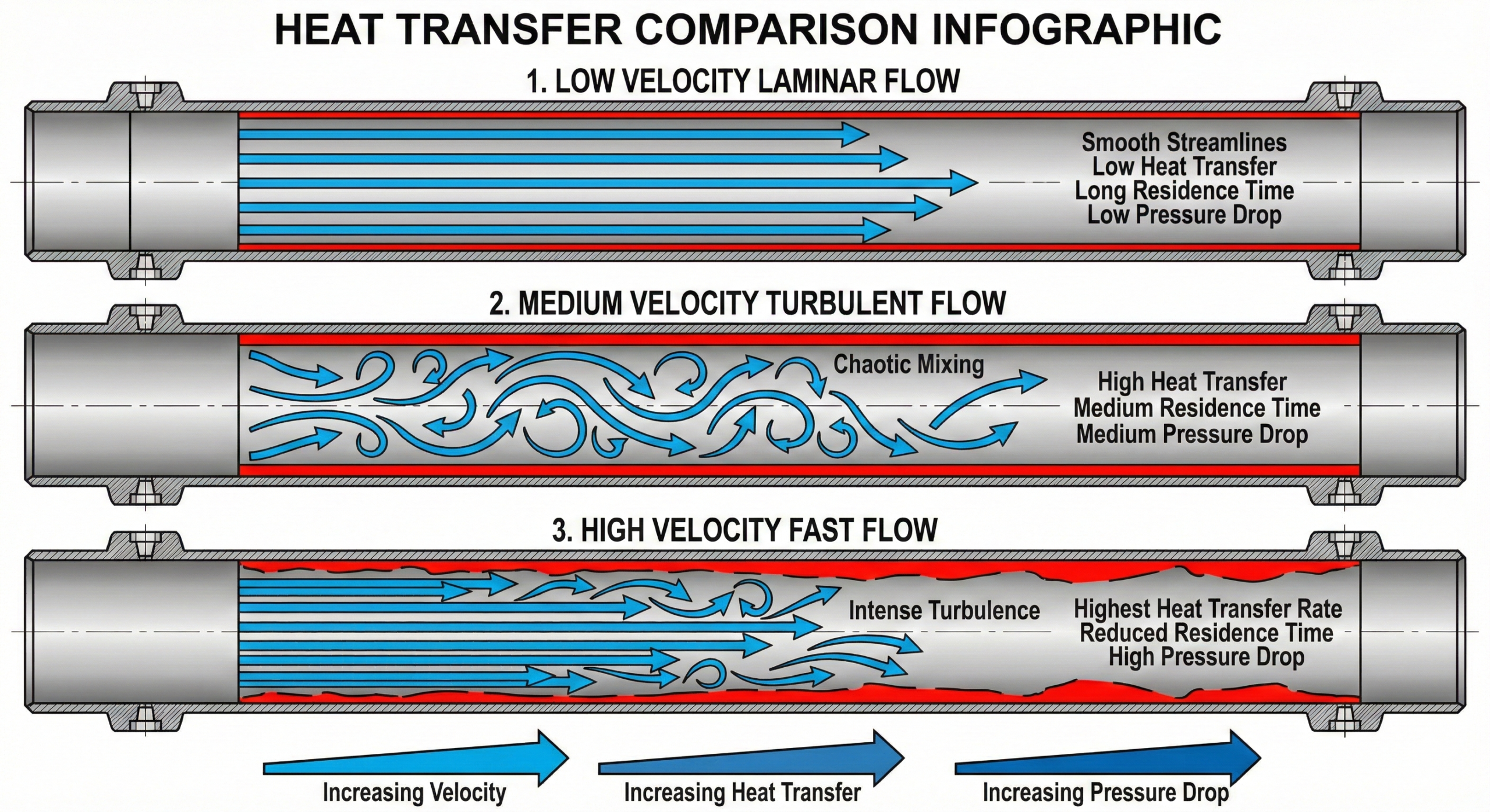 Diagram showing low velocity vs high velocity impact on heat transfer and pressure drop