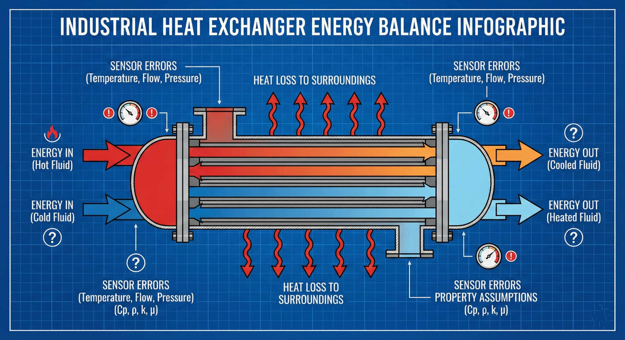 Illustration showing common energy balance calculation errors in a heat exchanger system