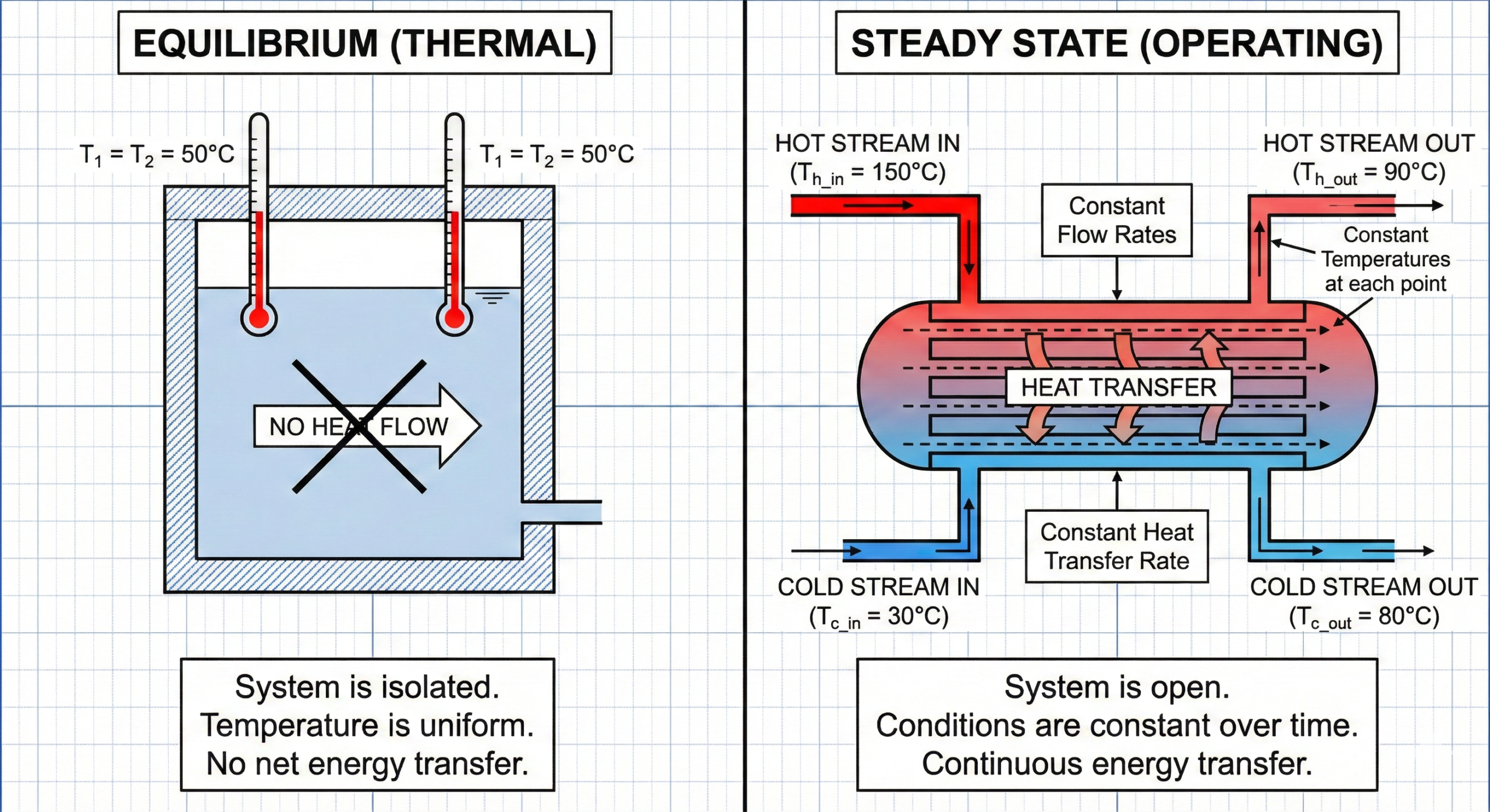 Diagram showing equilibrium condition vs steady state heat exchanger operation