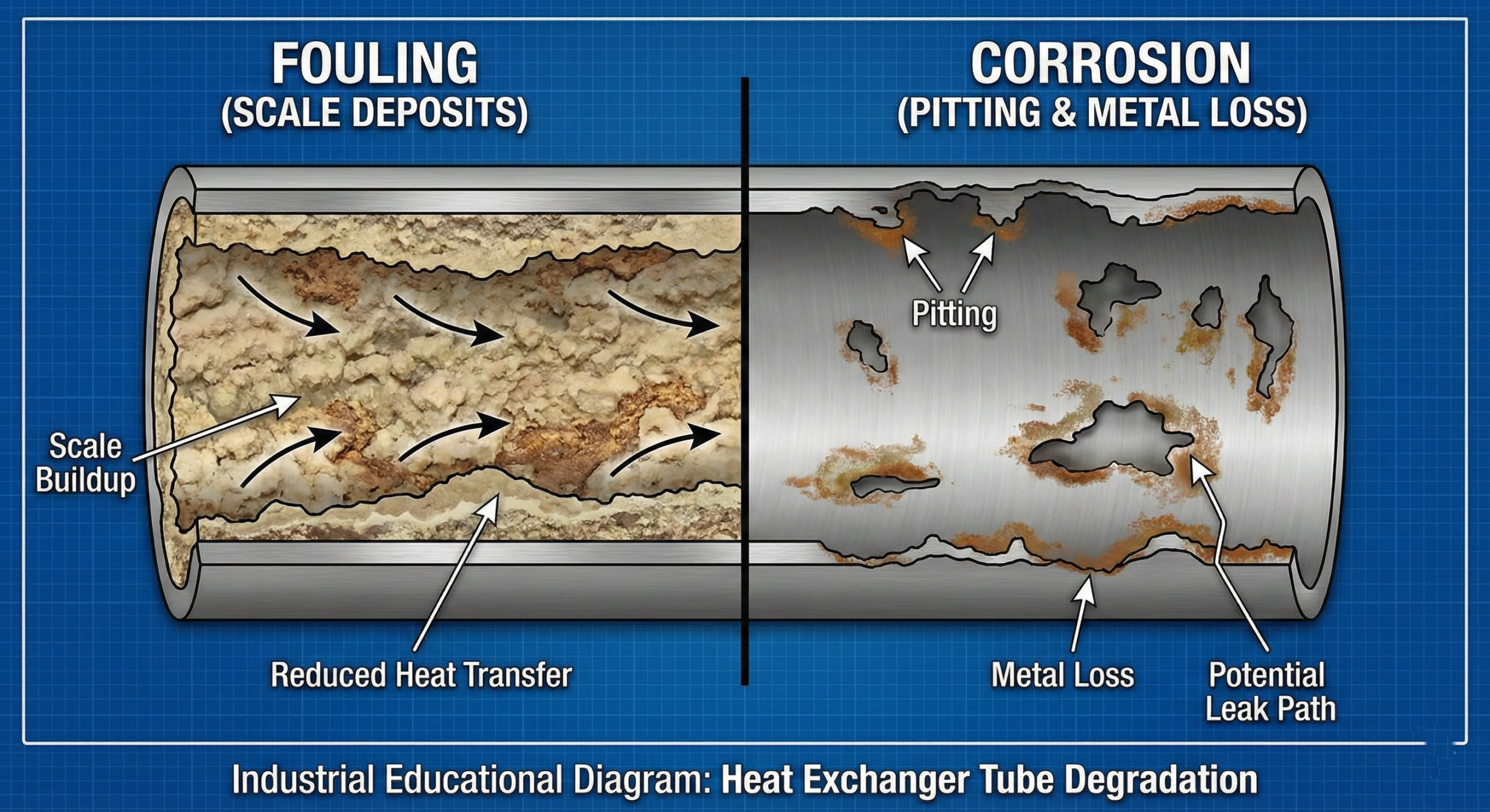 Comparison showing fouling deposits vs corrosion metal damage inside heat exchanger tubes