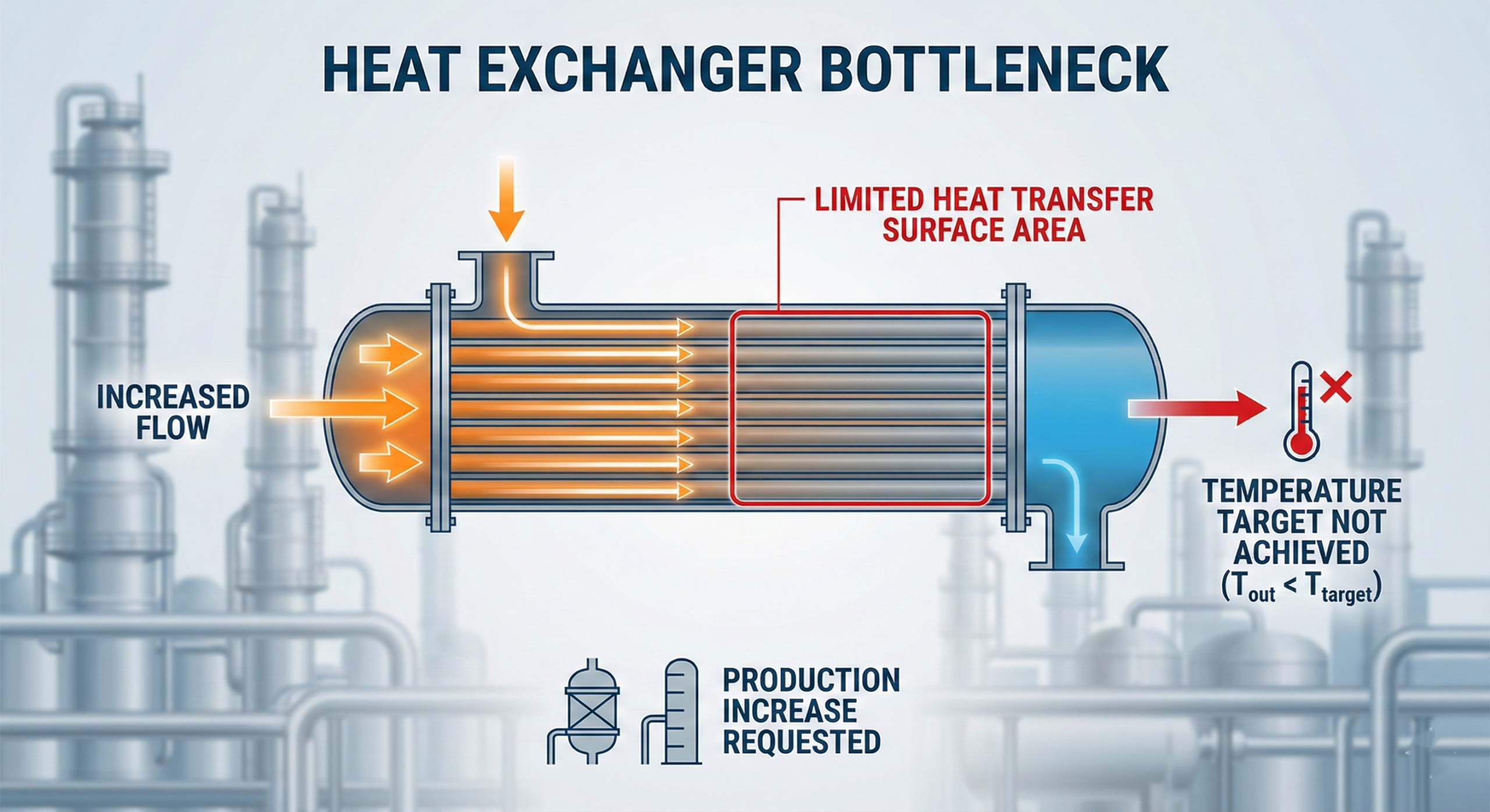 Process plant heat exchanger limiting temperature rise during throughput increase