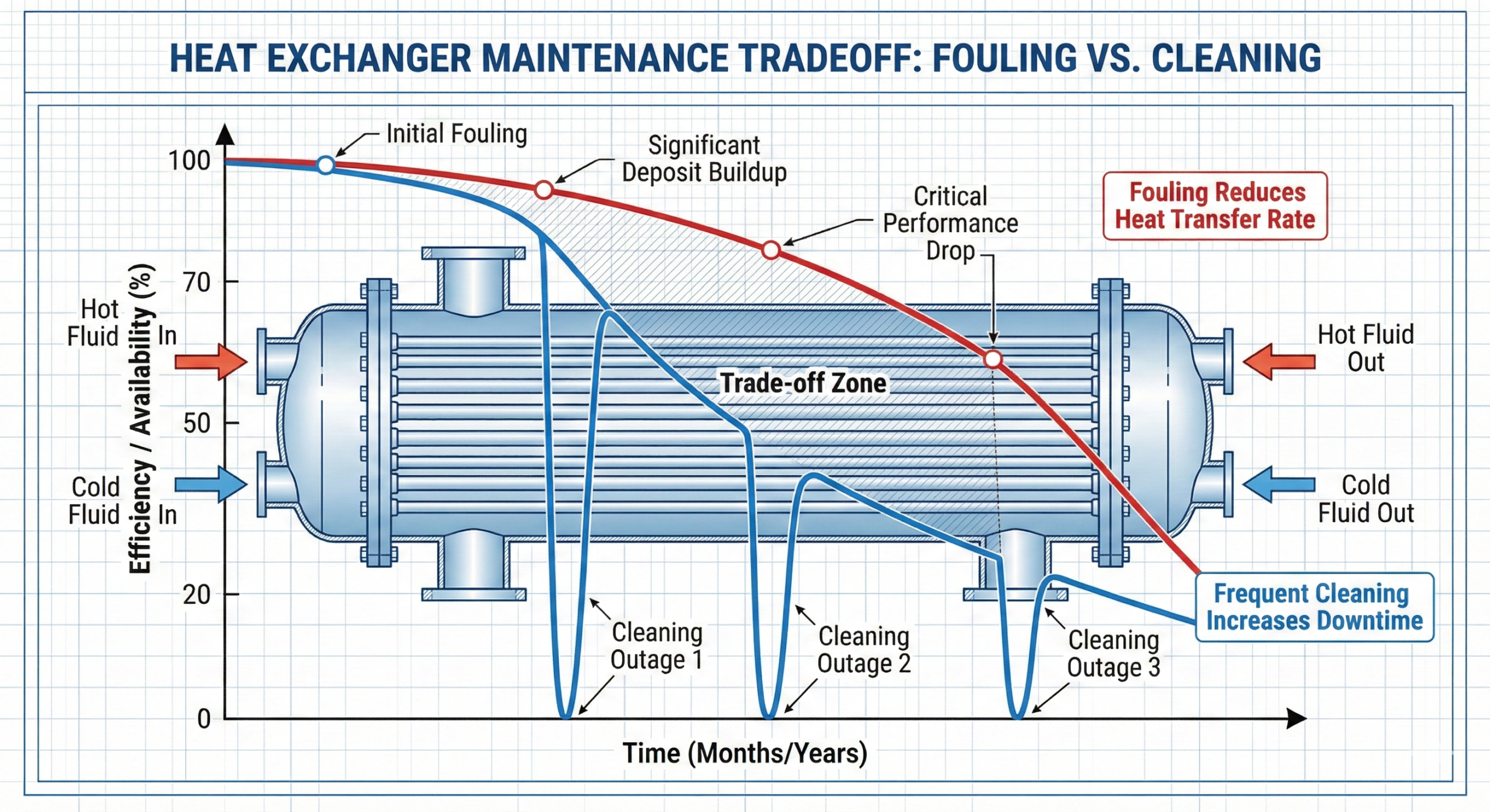 Heat exchanger cleaning frequency vs plant availability performance trade-off illustration