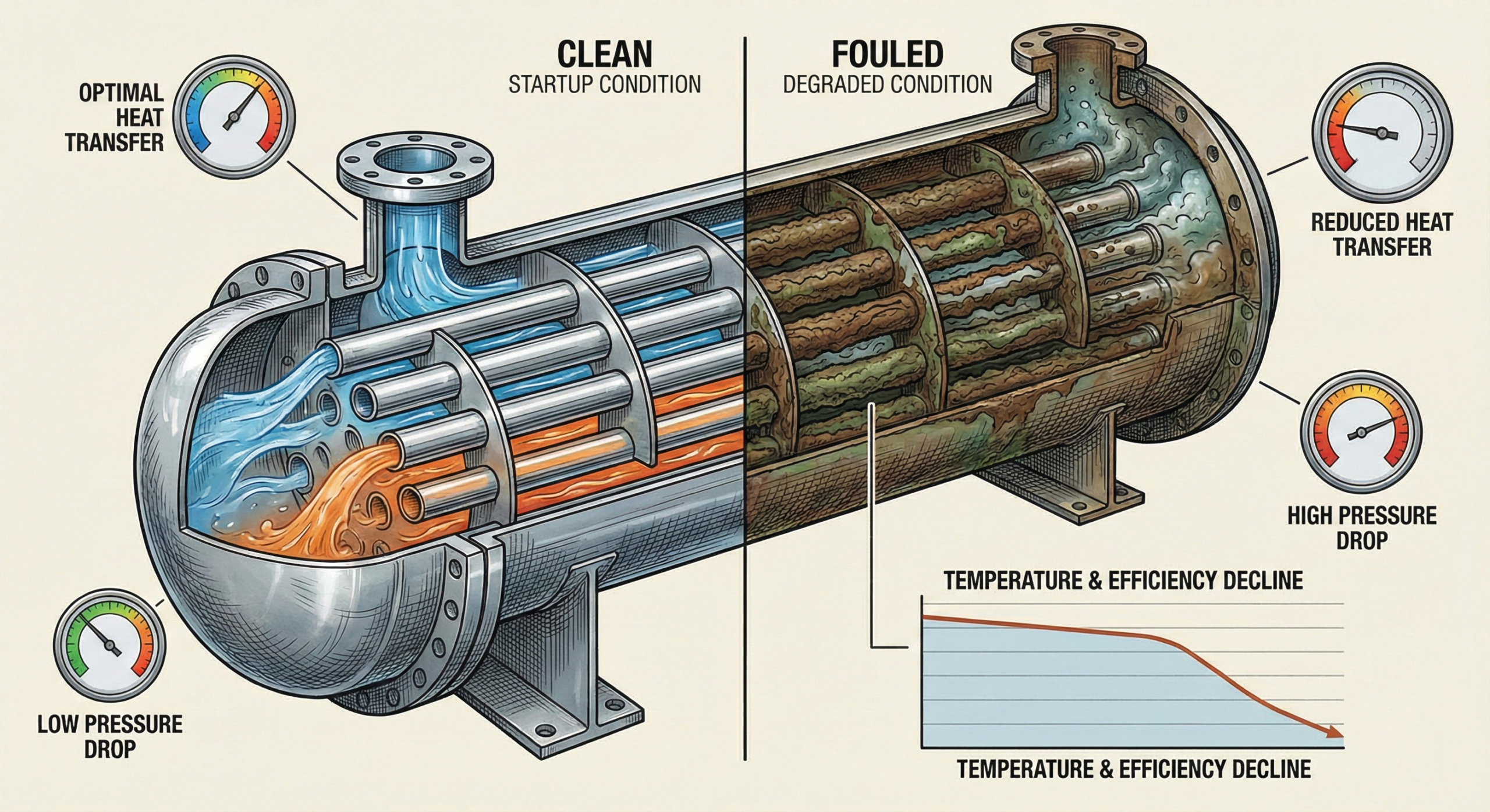 Shell and tube heat exchanger showing fouling buildup and performance drop despite correct design