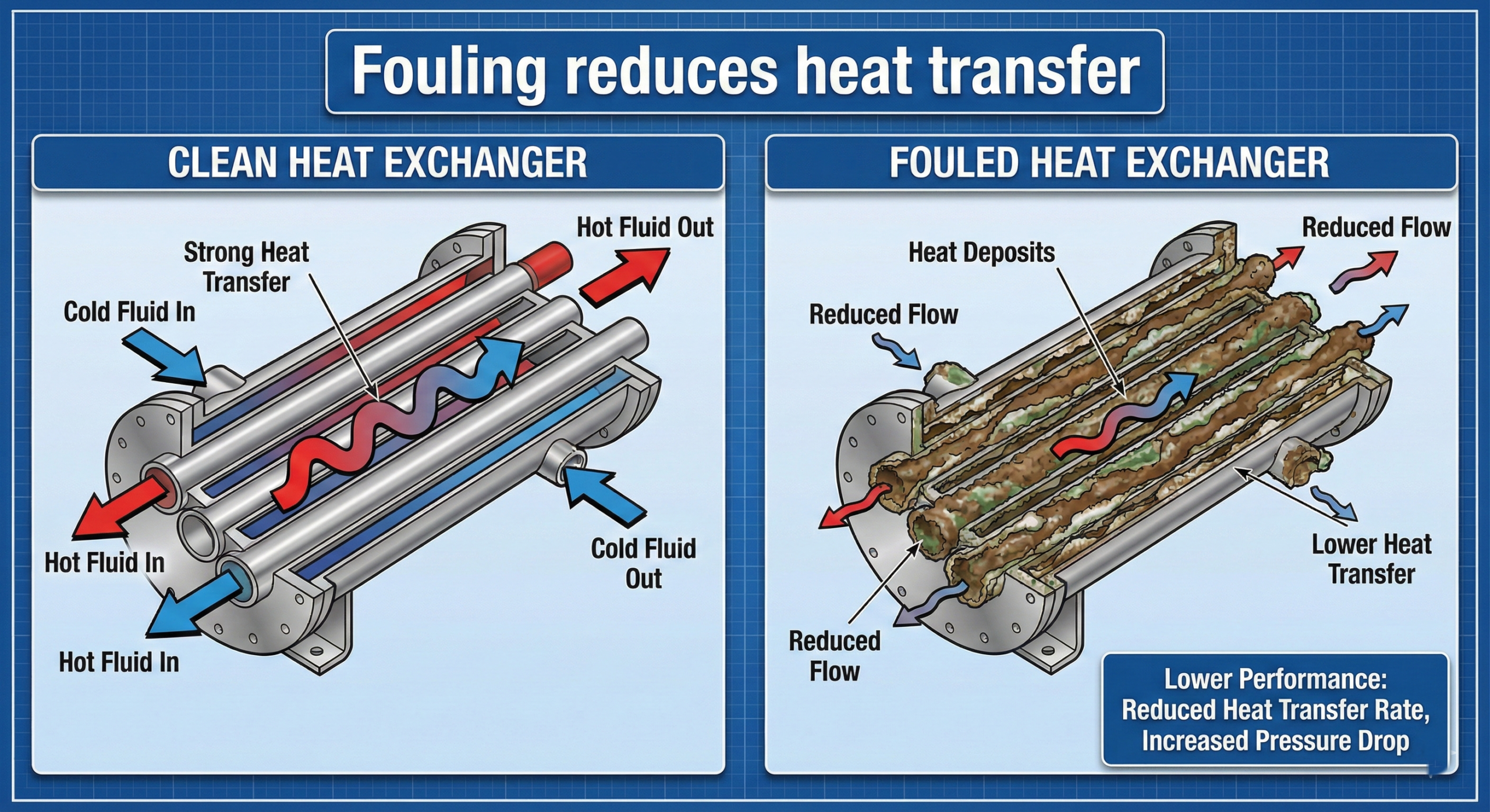 Diagram showing fouled heat exchanger tubes with deposits reducing heat transfer efficiency