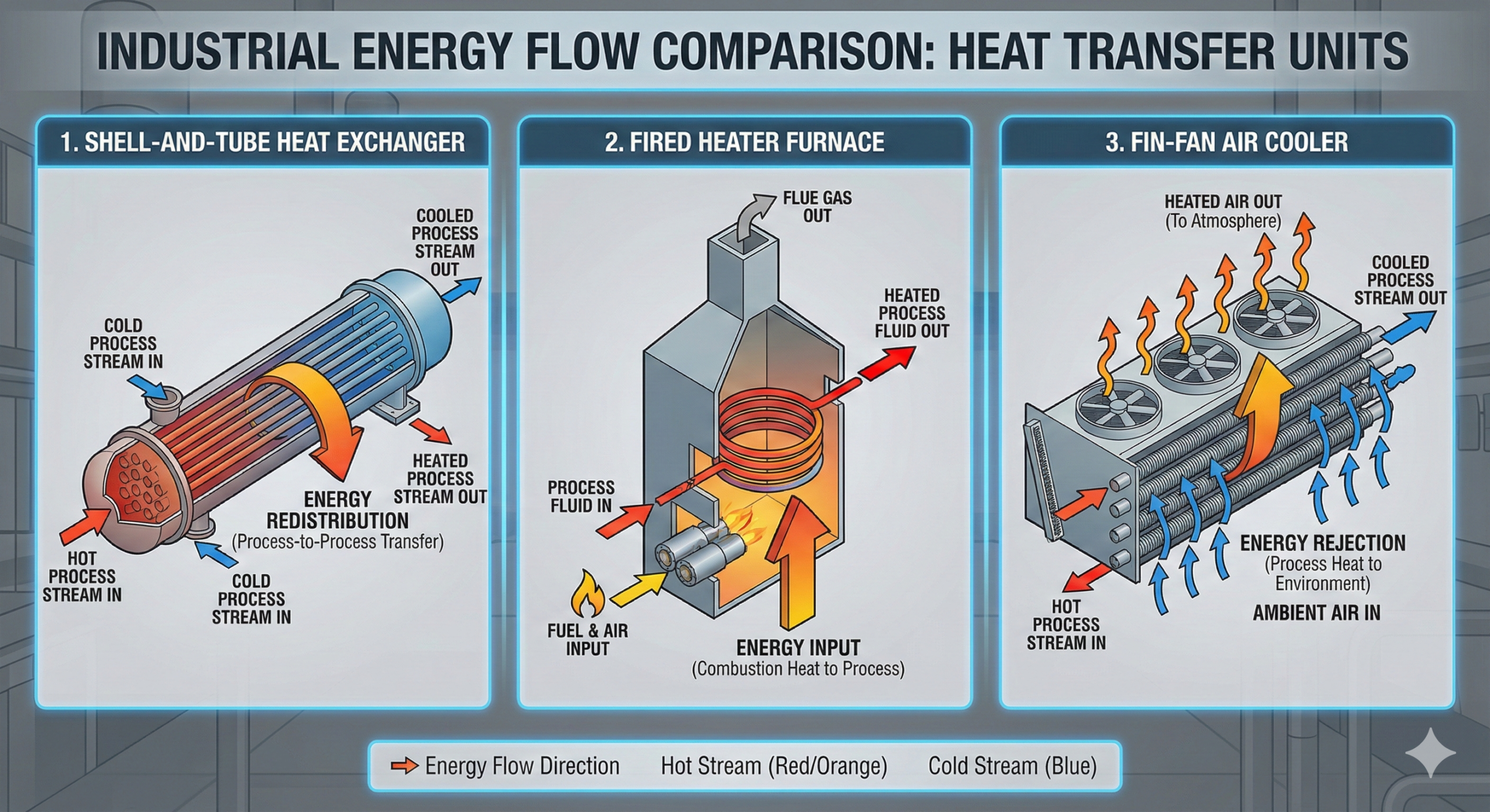 Diagram comparing heat exchanger, fired heater, and air cooler in a process plant