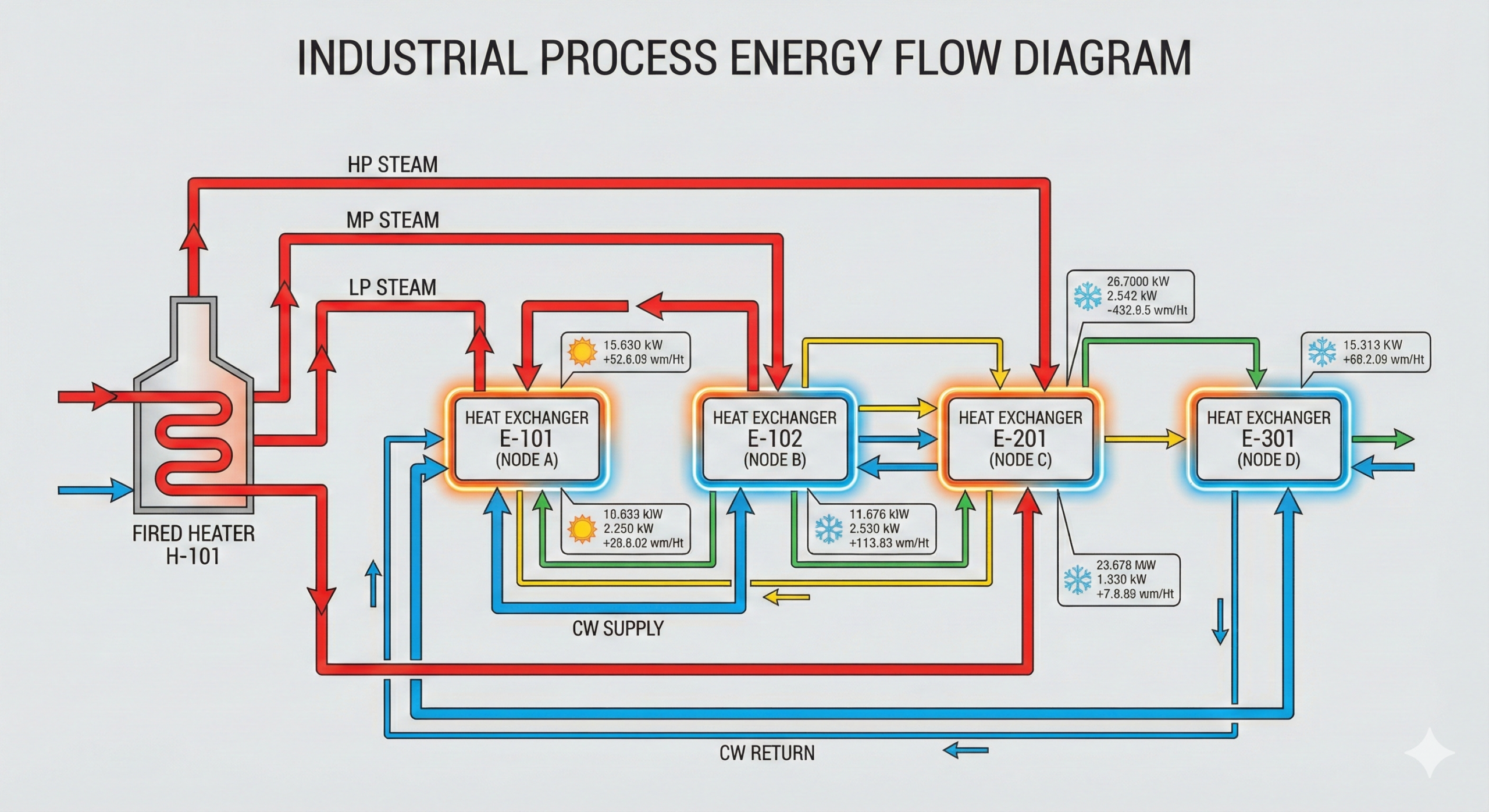 Process plant energy flow diagram highlighting heat exchangers as major energy transfer points