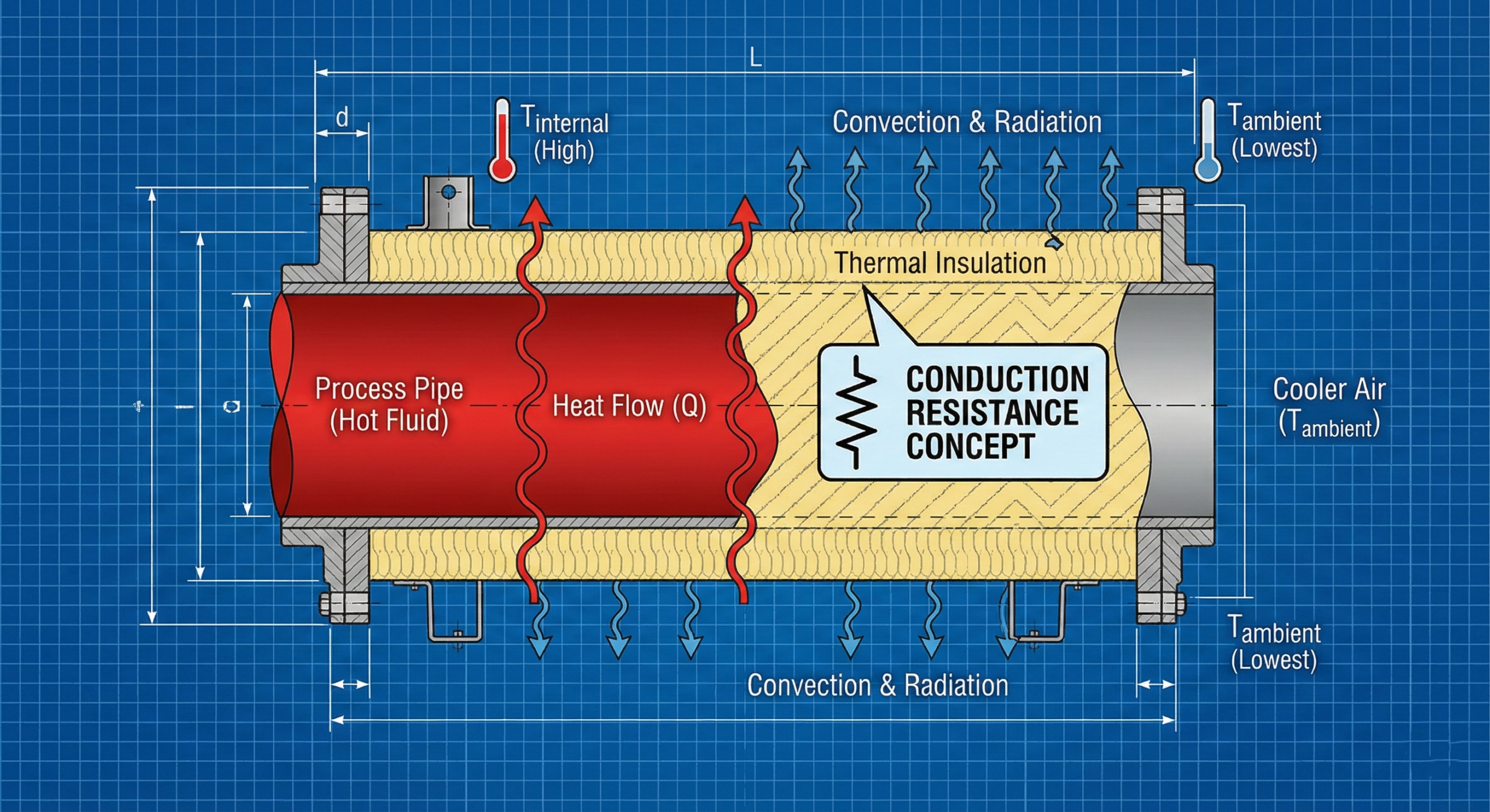 Heat escaping through insulated pipe showing heat flow from hot pipe to surrounding air