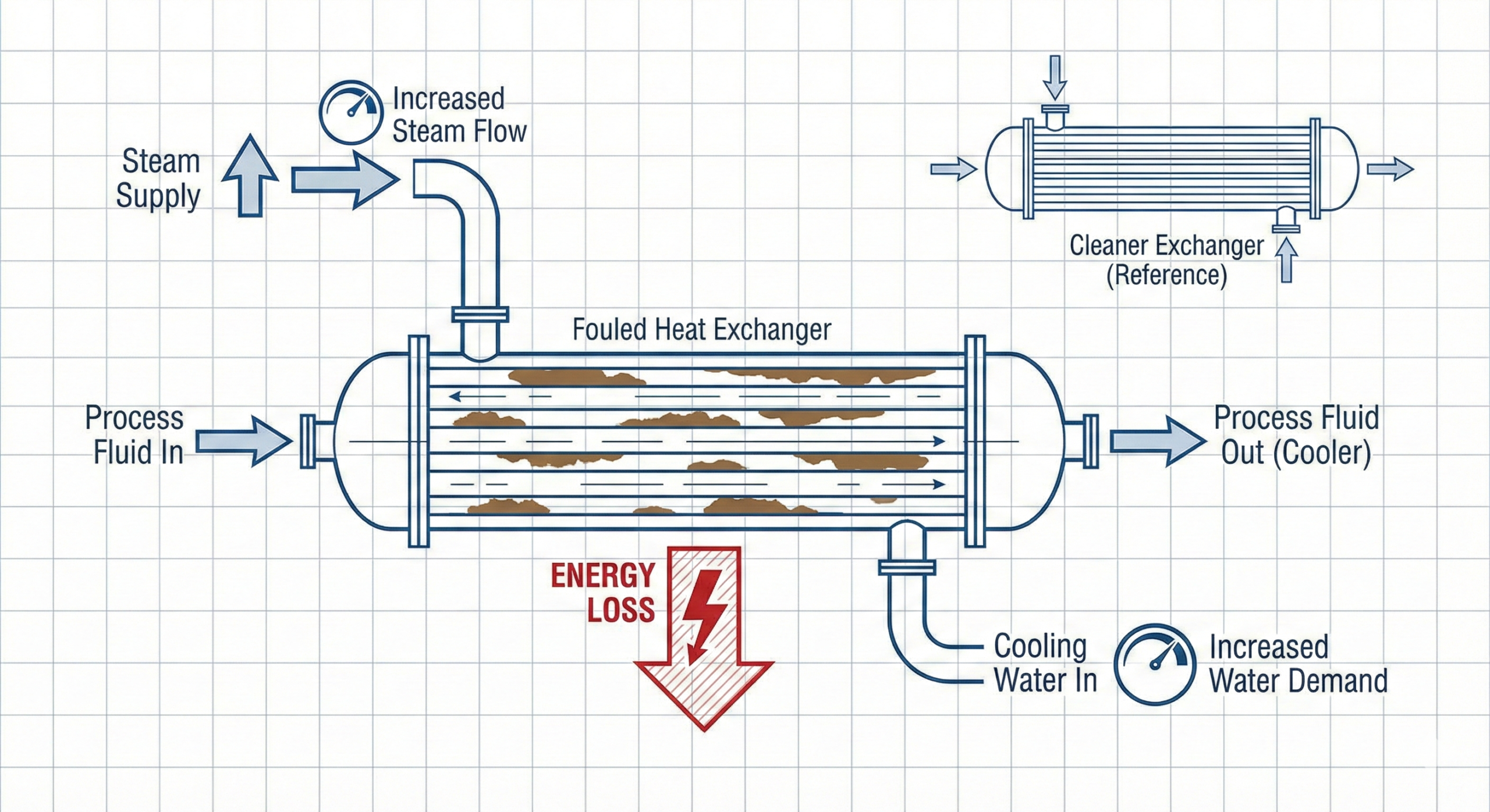 Process plant diagram showing fouled heat exchanger causing higher steam use and reduced energy efficiency
