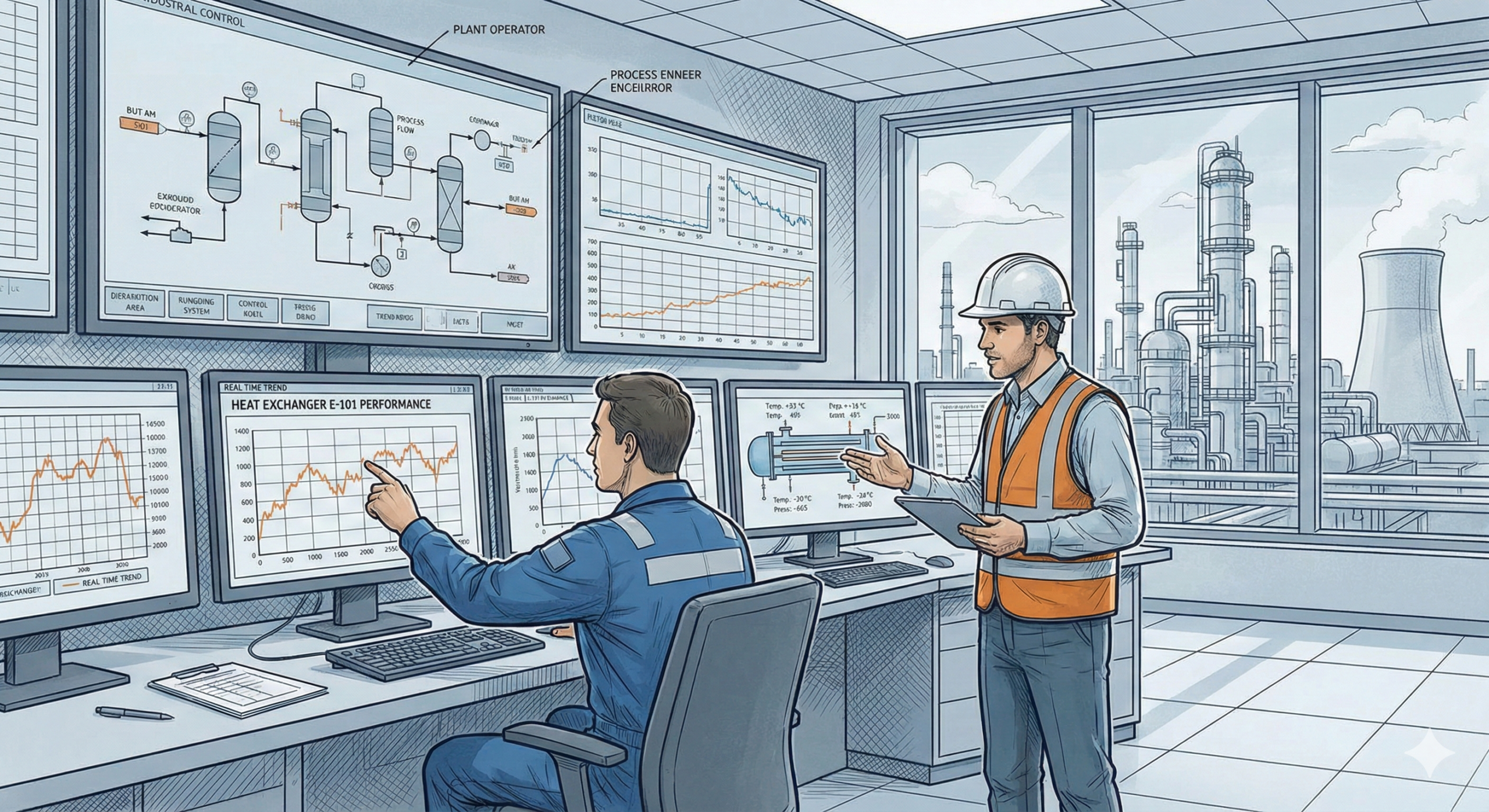 Operator monitoring heat exchanger temperatures while engineer analyzing thermal performance trends