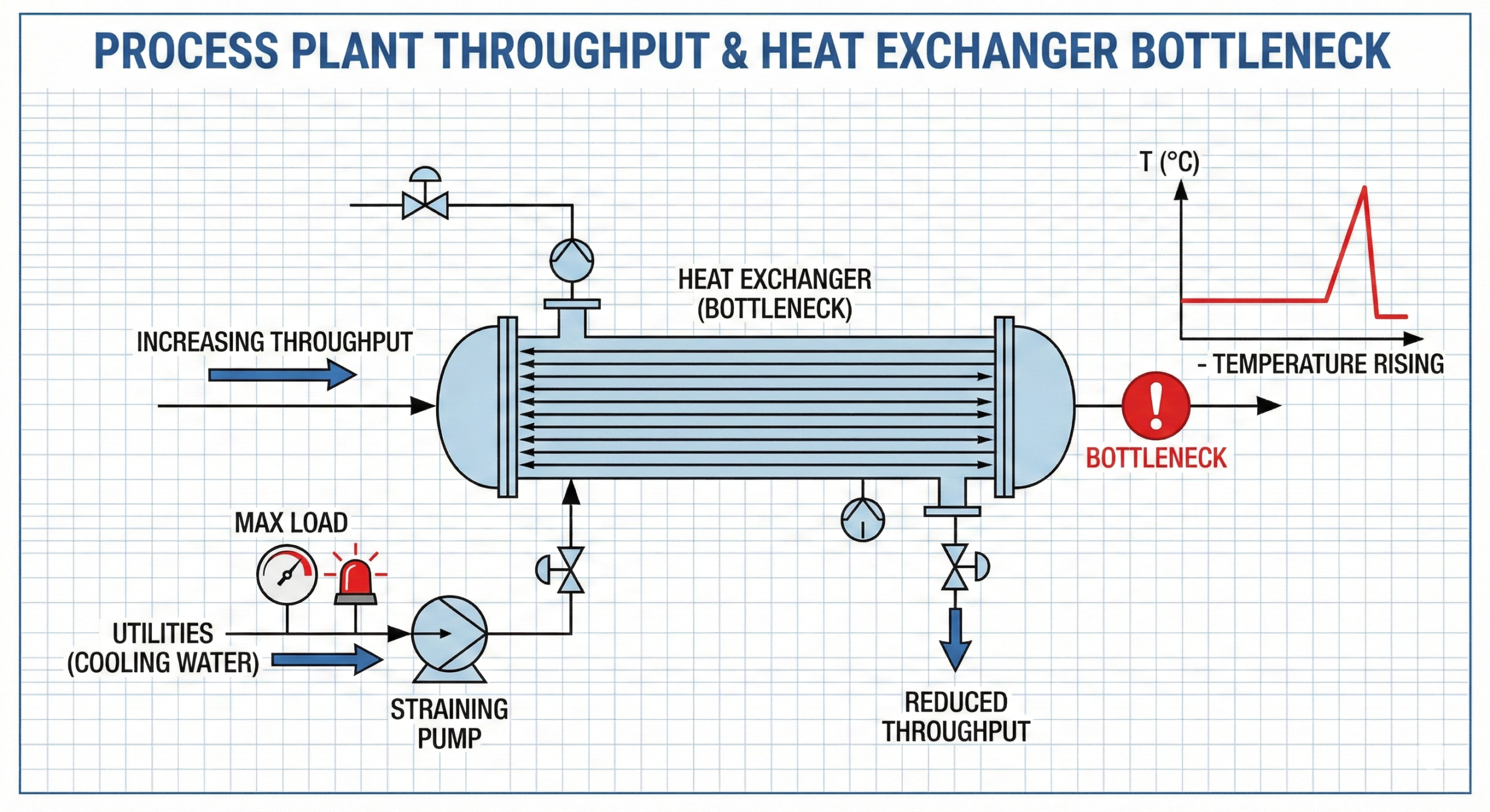 Diagram showing heat exchanger limiting plant throughput due to cooling and heating capacity constraints