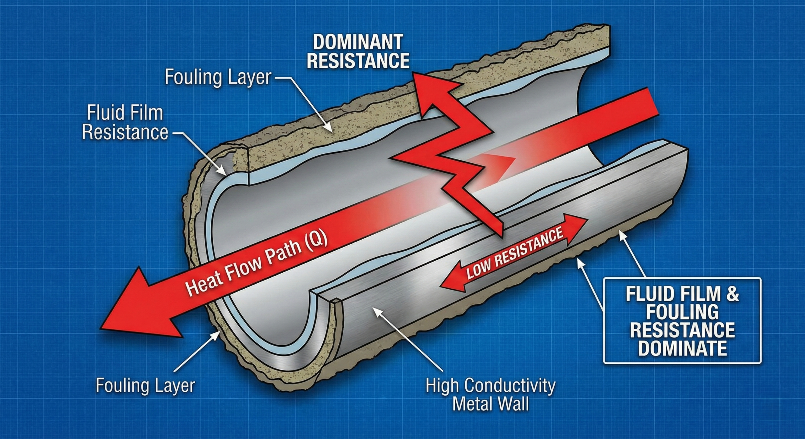 Diagram showing heat transfer path through fluid film, fouling layer, and high conductivity metal wall in a heat exchanger