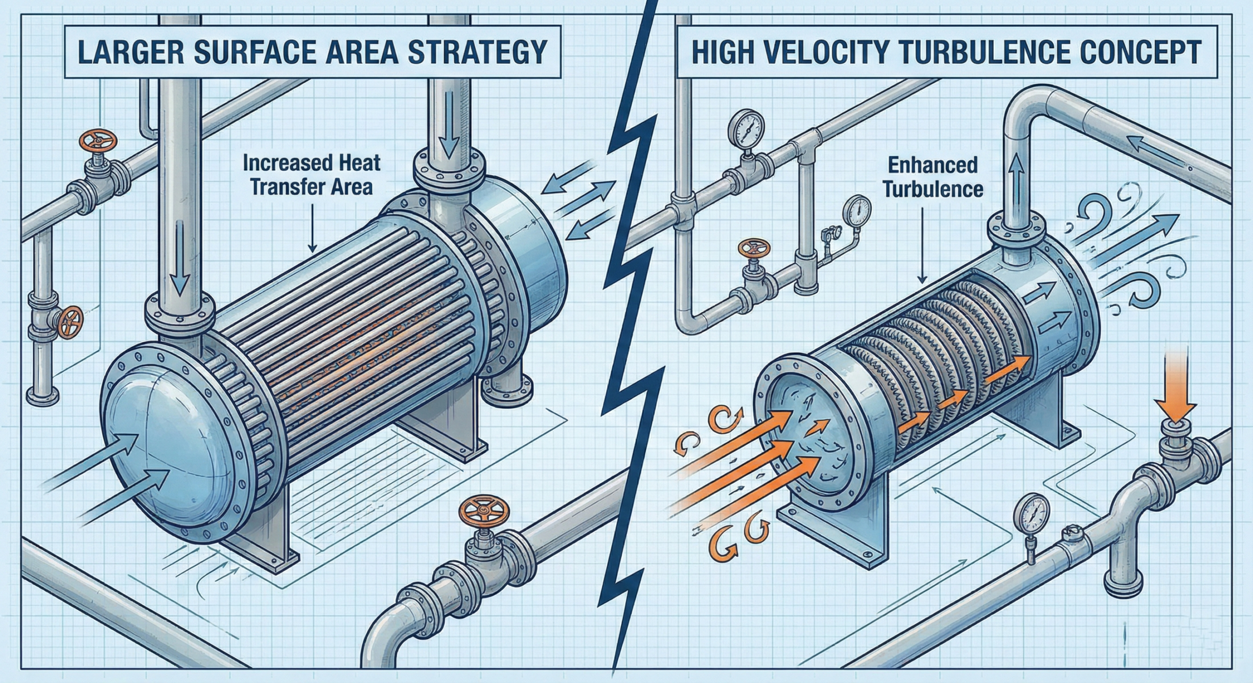 Comparison illustration showing large area heat exchanger vs high velocity U improvement concept