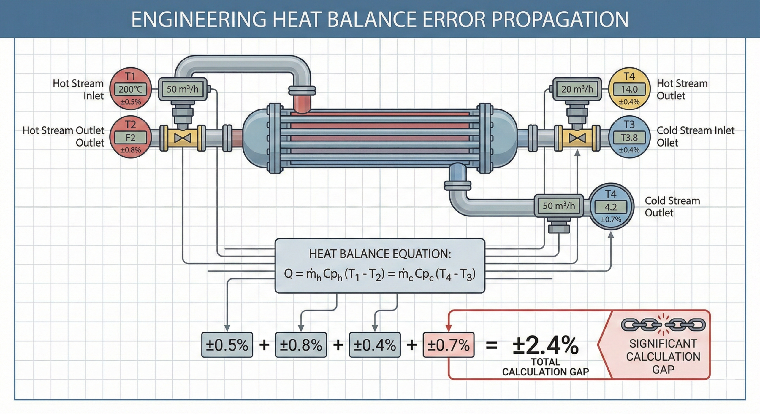 Diagram showing how small errors in temperature and flow instruments affect heat balance accuracy