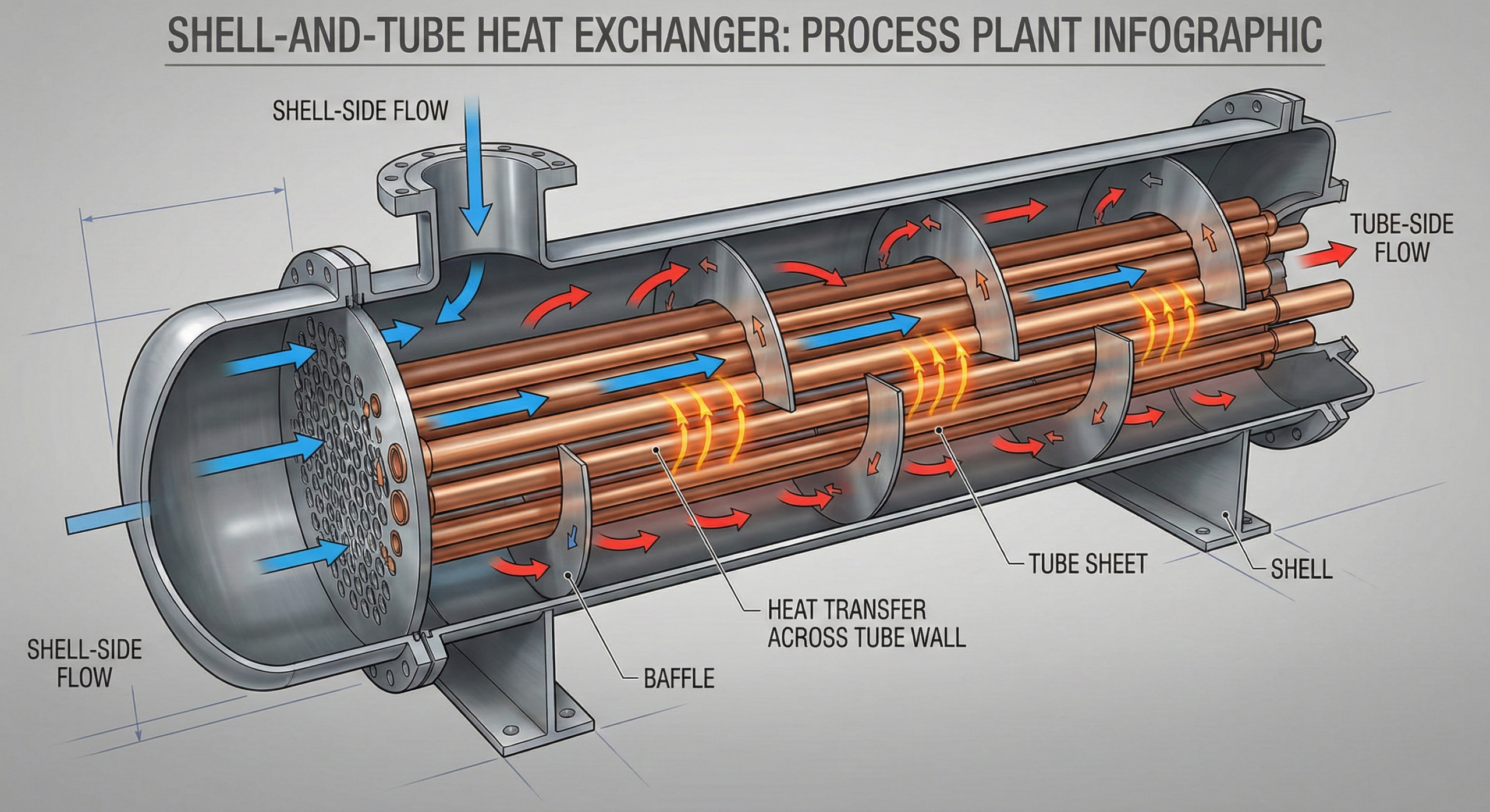 Cutaway diagram showing how heat exchangers work in real equipment with tube side and shell side flow