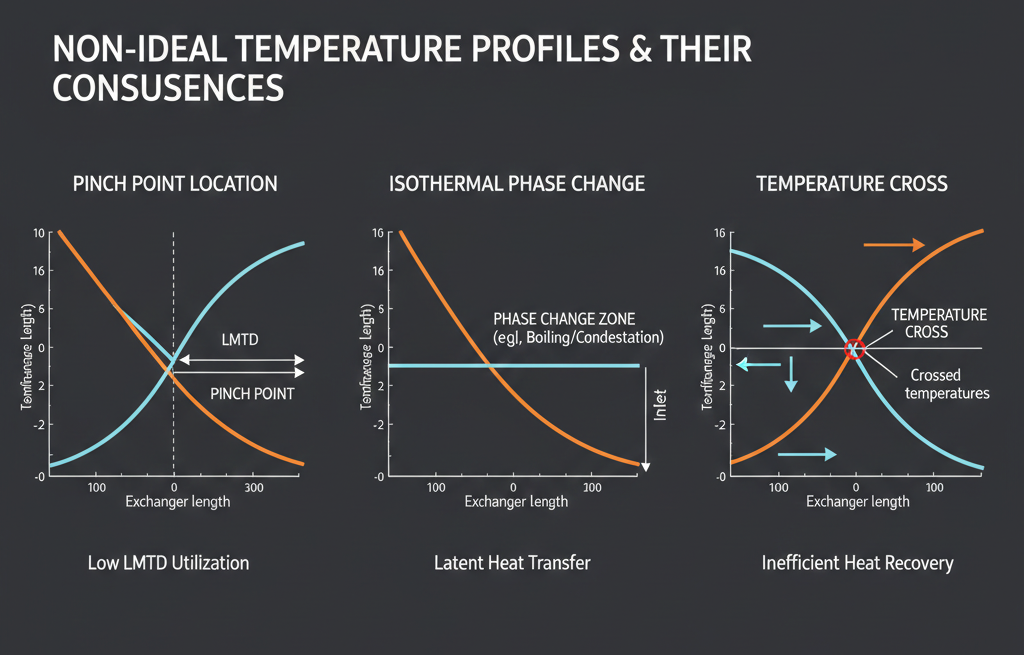 Diagram showing pinch point and phase change zones where LMTD becomes unreliable in heat exchangers