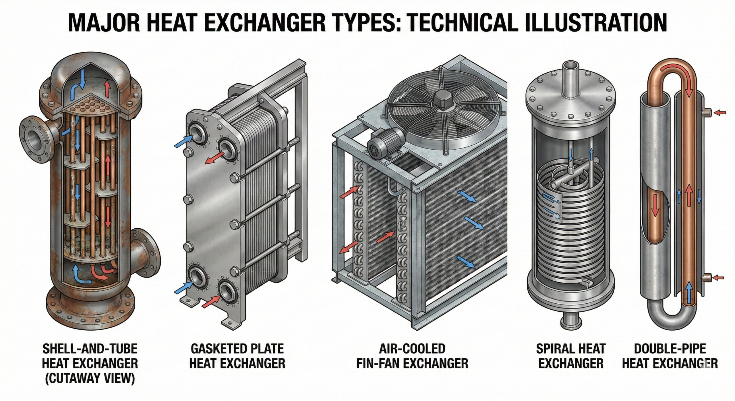 Comparison of shell and tube, plate, air cooled, spiral, and double pipe heat exchangers
