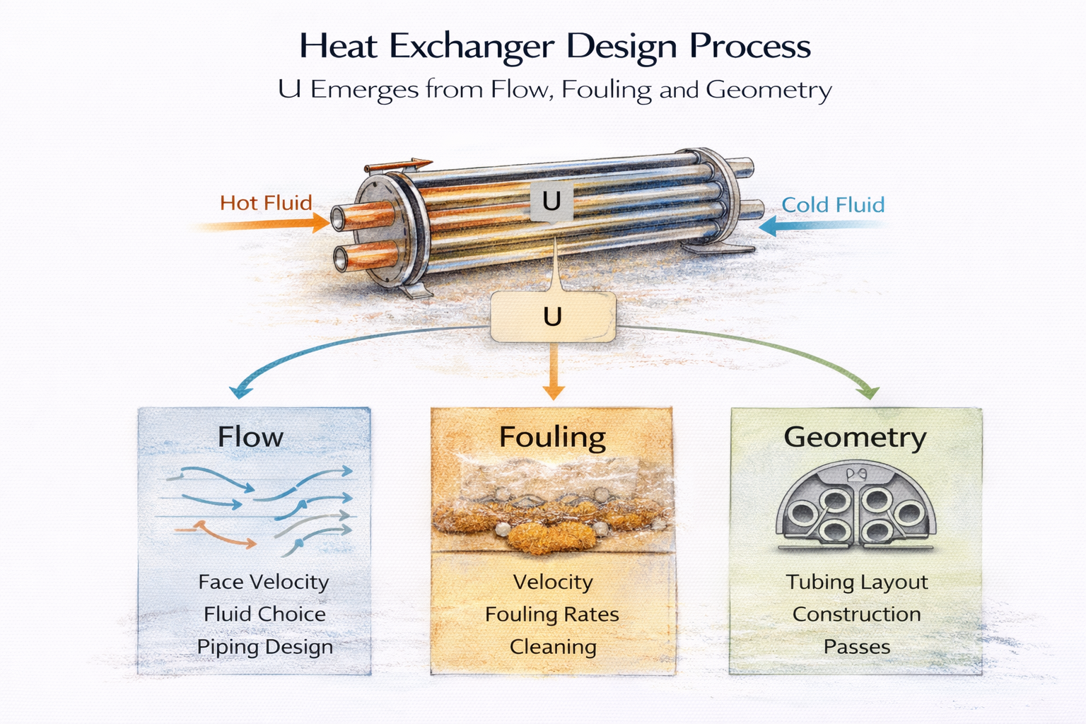 Diagram showing difference between assumed design U value and actual U value developed in real plant operation