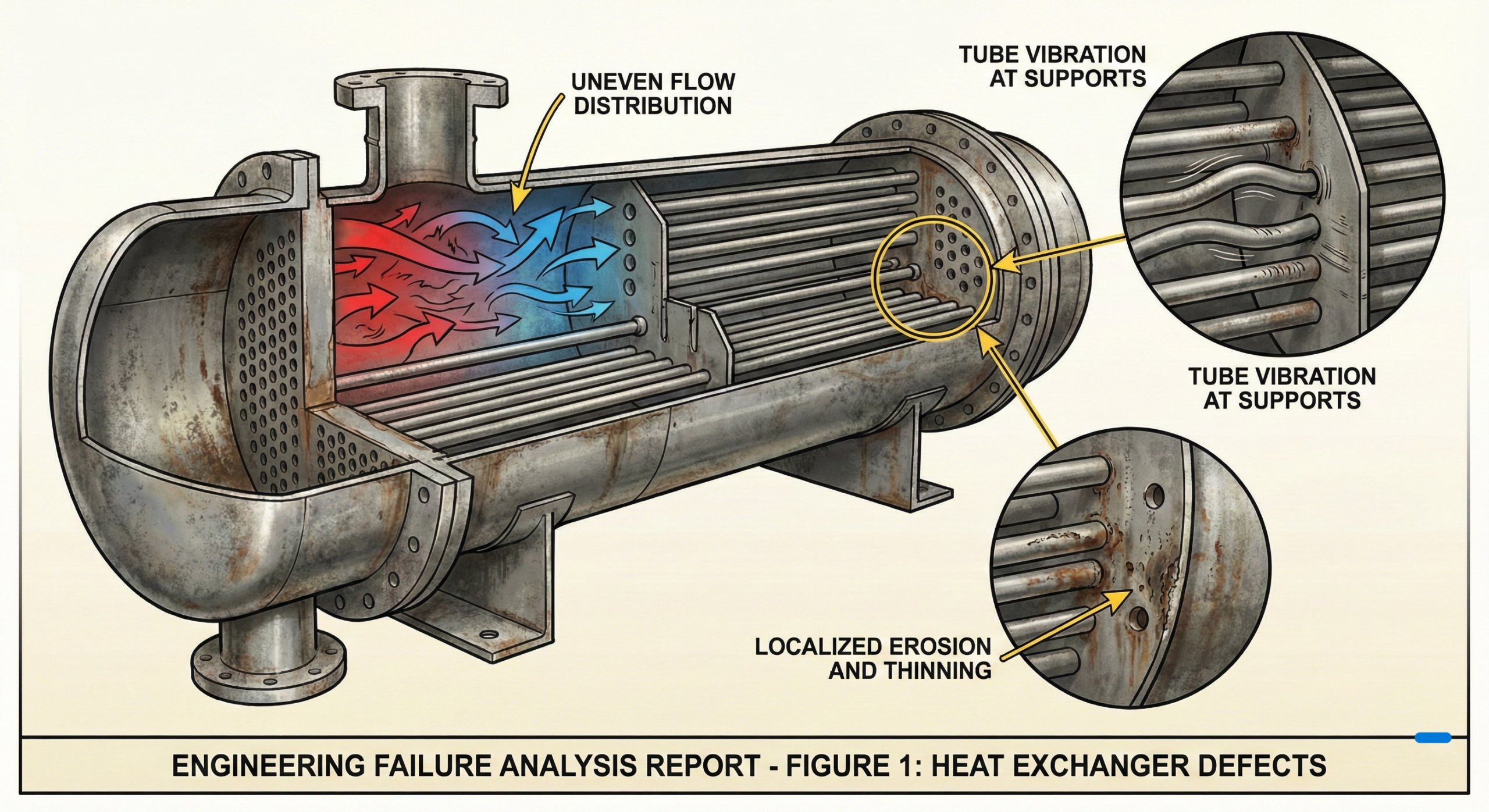 Shell and tube heat exchanger showing tube vibration and localized damage from poor design