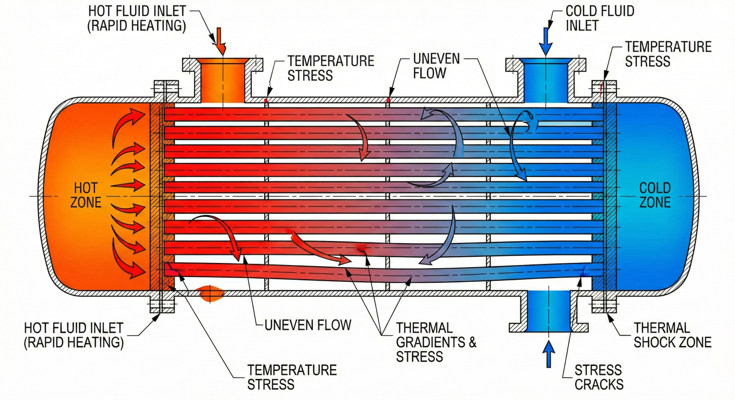 Thermal gradients during startup causing uneven heating in heat exchanger tubes