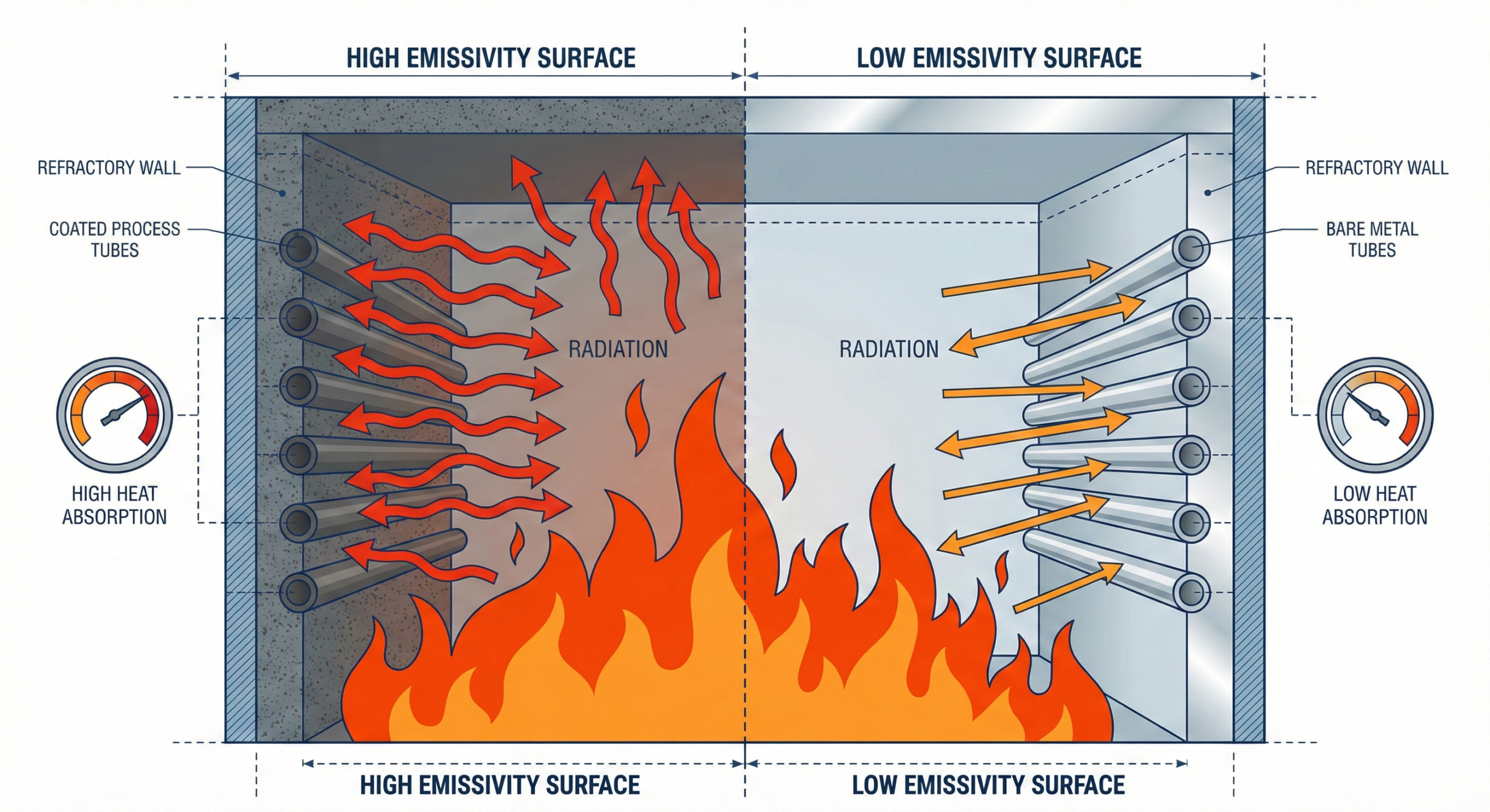 Radiant heat transfer in a furnace showing high emissivity walls and tubes absorbing radiation