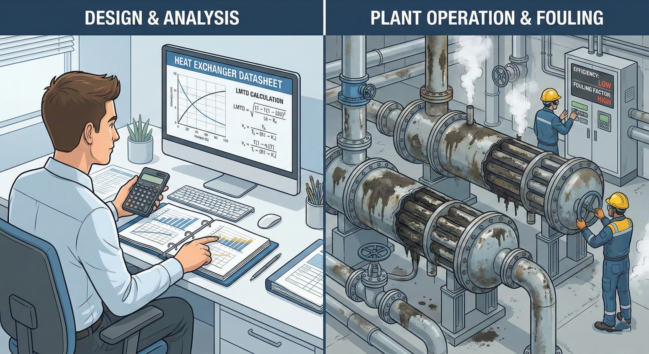 Engineer reviewing heat exchanger thermal design calculations while plant equipment struggles in operation