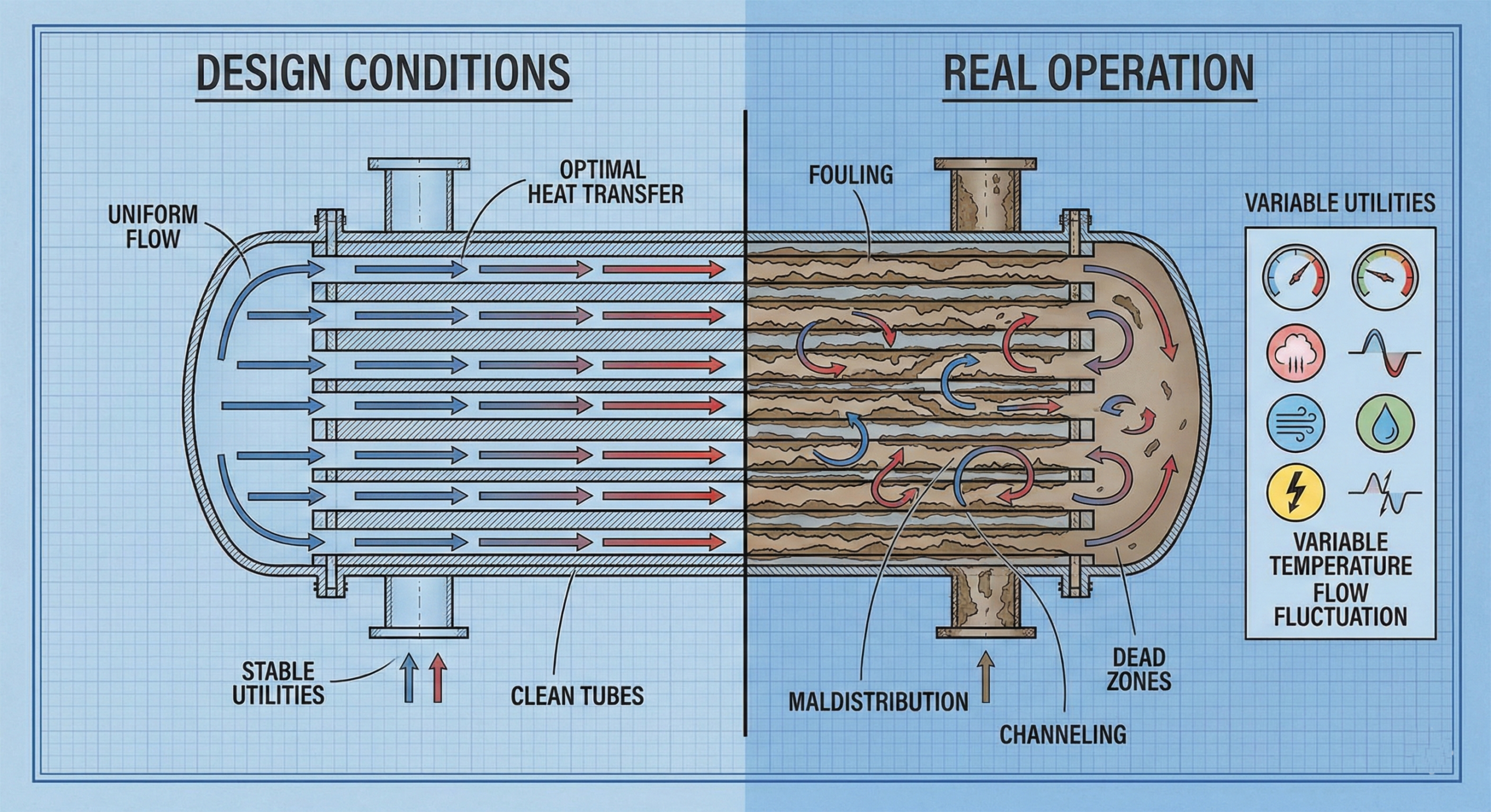 Comparison between ideal thermal design conditions and real plant operating conditions in heat exchangers