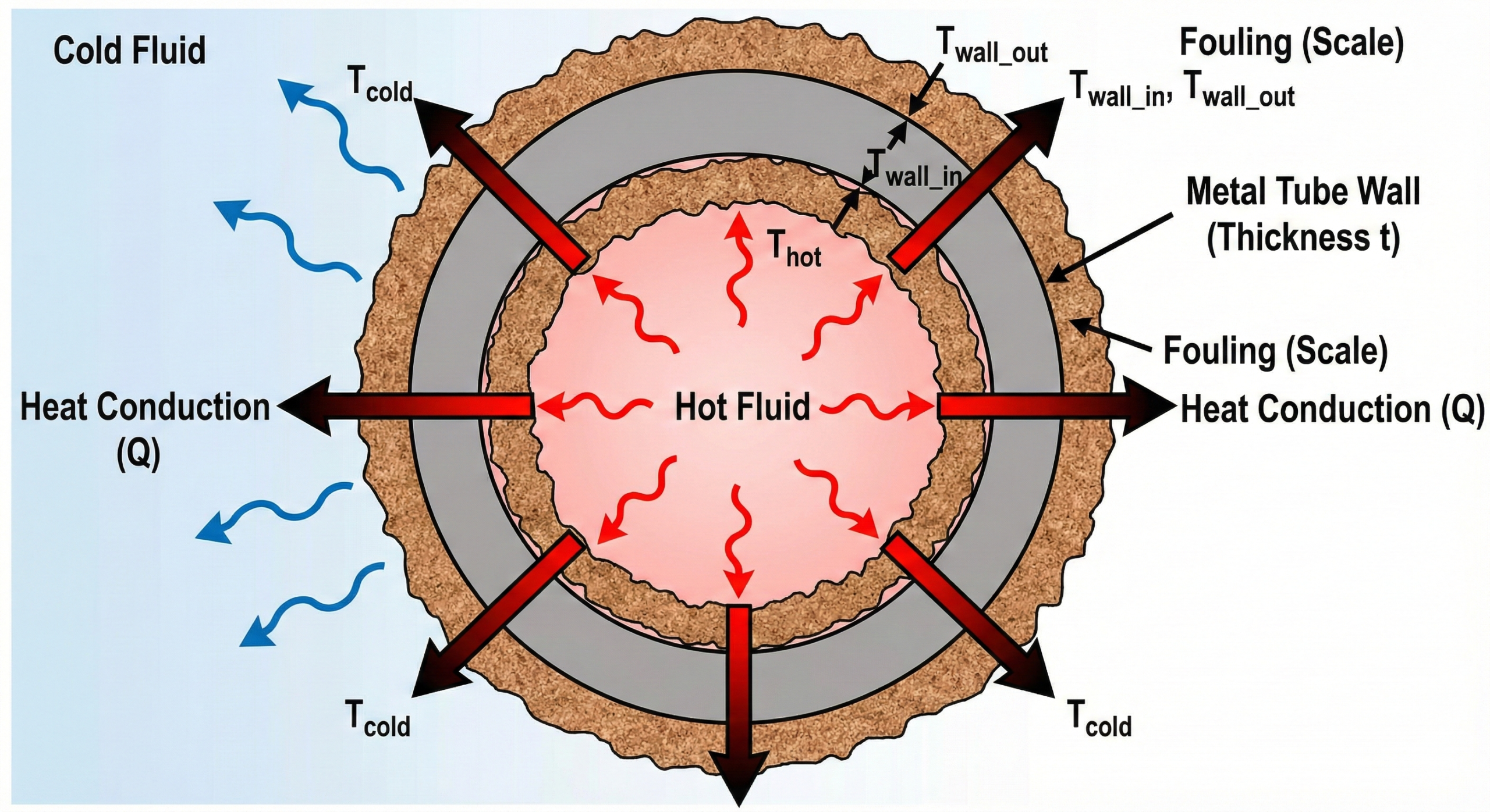 Diagram showing heat passing through fluid films, fouling layers, and metal wall thickness in a heat exchanger tube