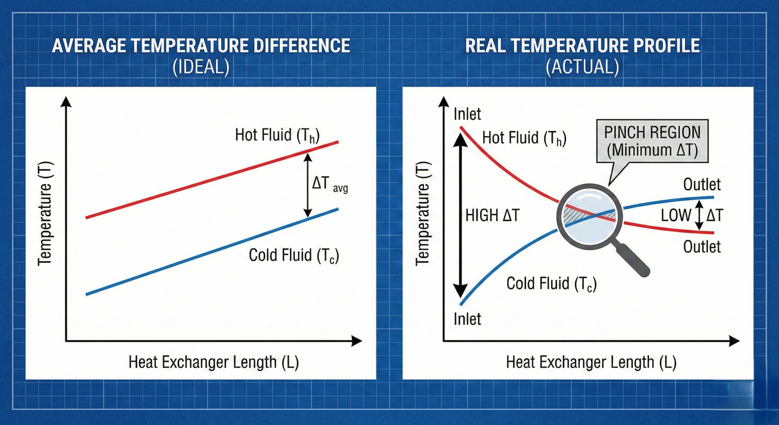 Diagram showing difference between average temperature difference and actual temperature profile inside a heat exchanger