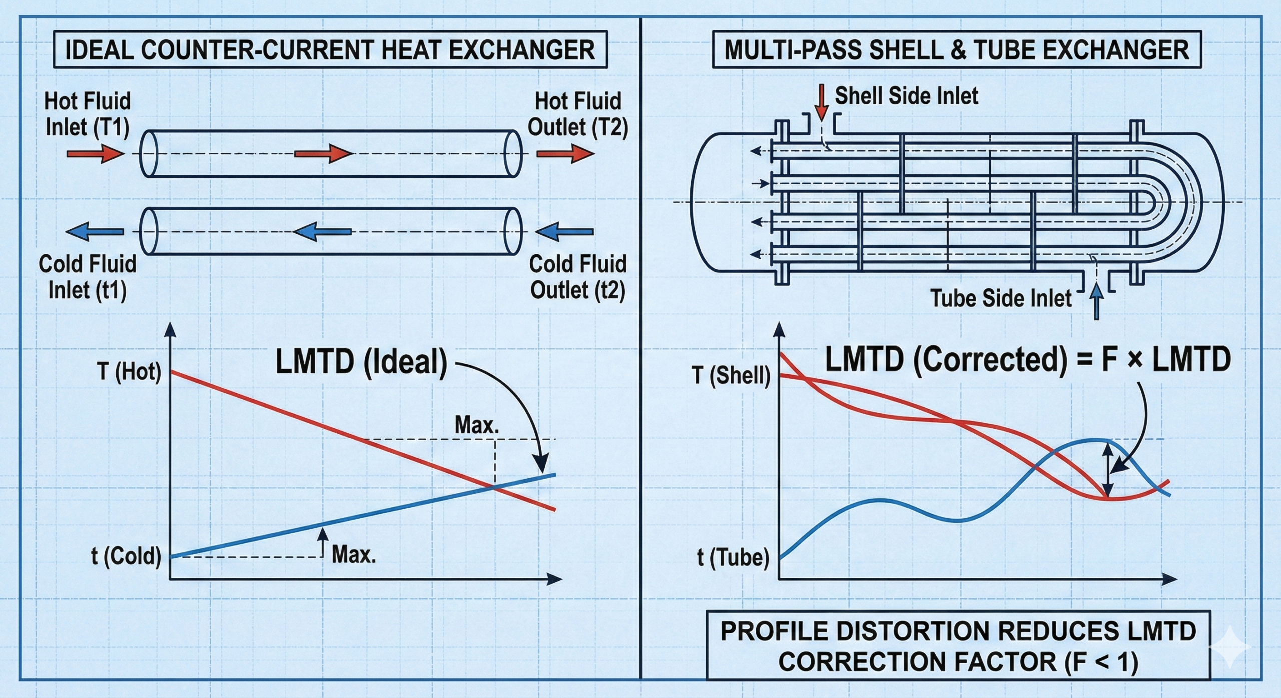 Diagram showing difference between ideal counter-current exchanger and real multi-pass exchanger requiring LMTD correction factor
