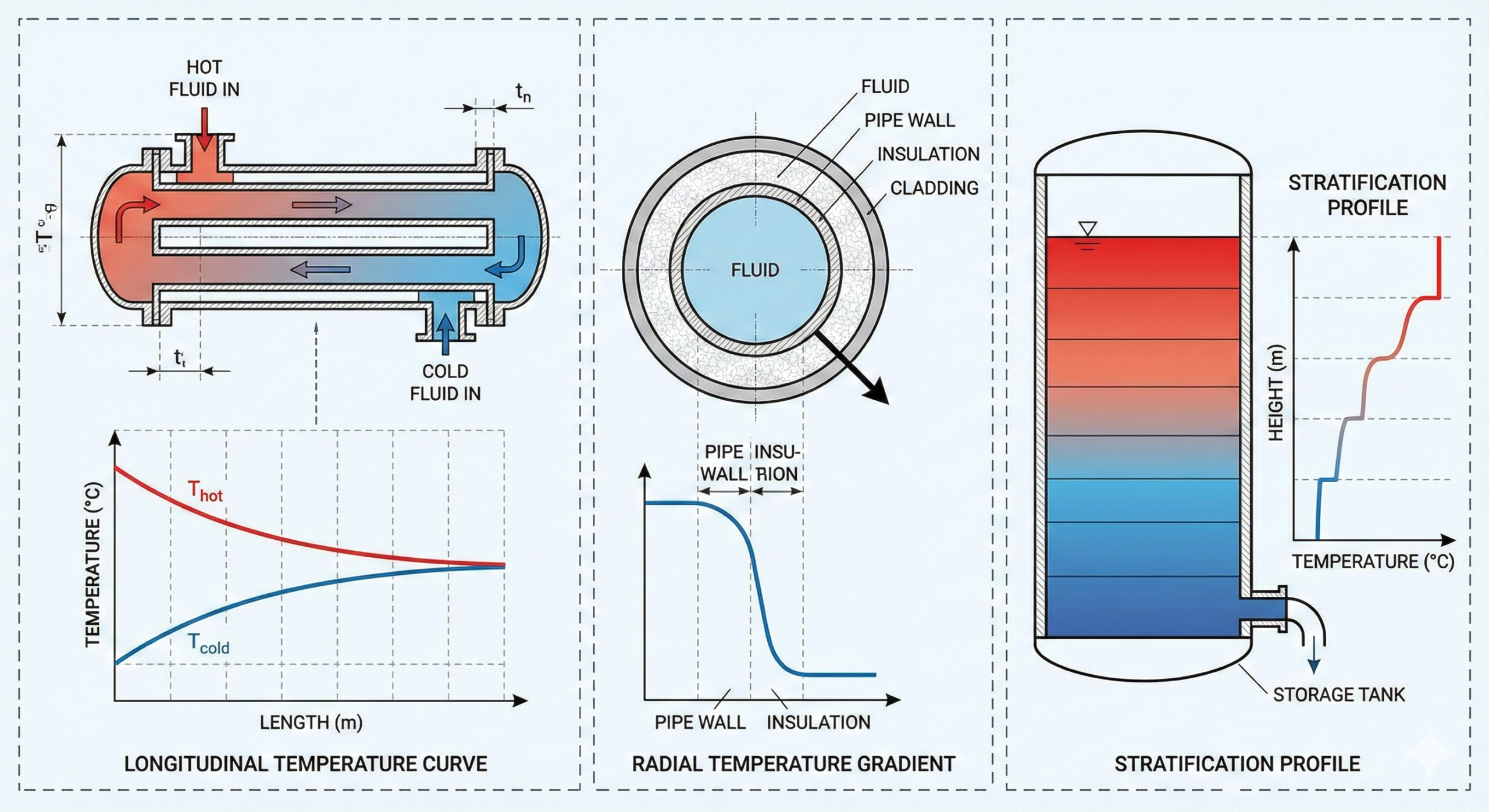 Illustration showing temperature gradients in heat exchangers, pipelines, and vessels across length and wall thickness