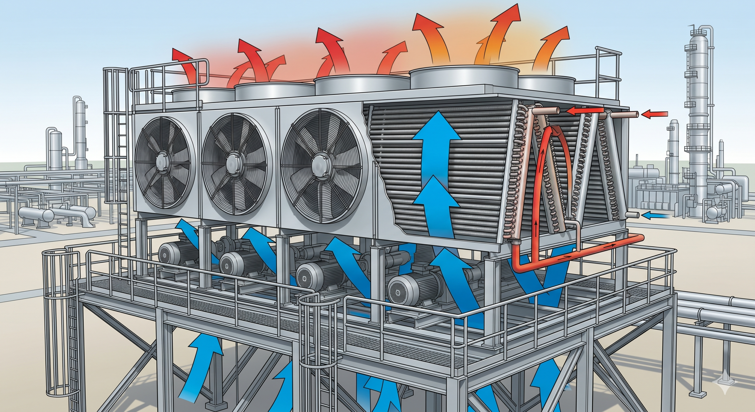 Industrial air-cooled heat exchanger with finned tube bundles and large fans operating in a refinery