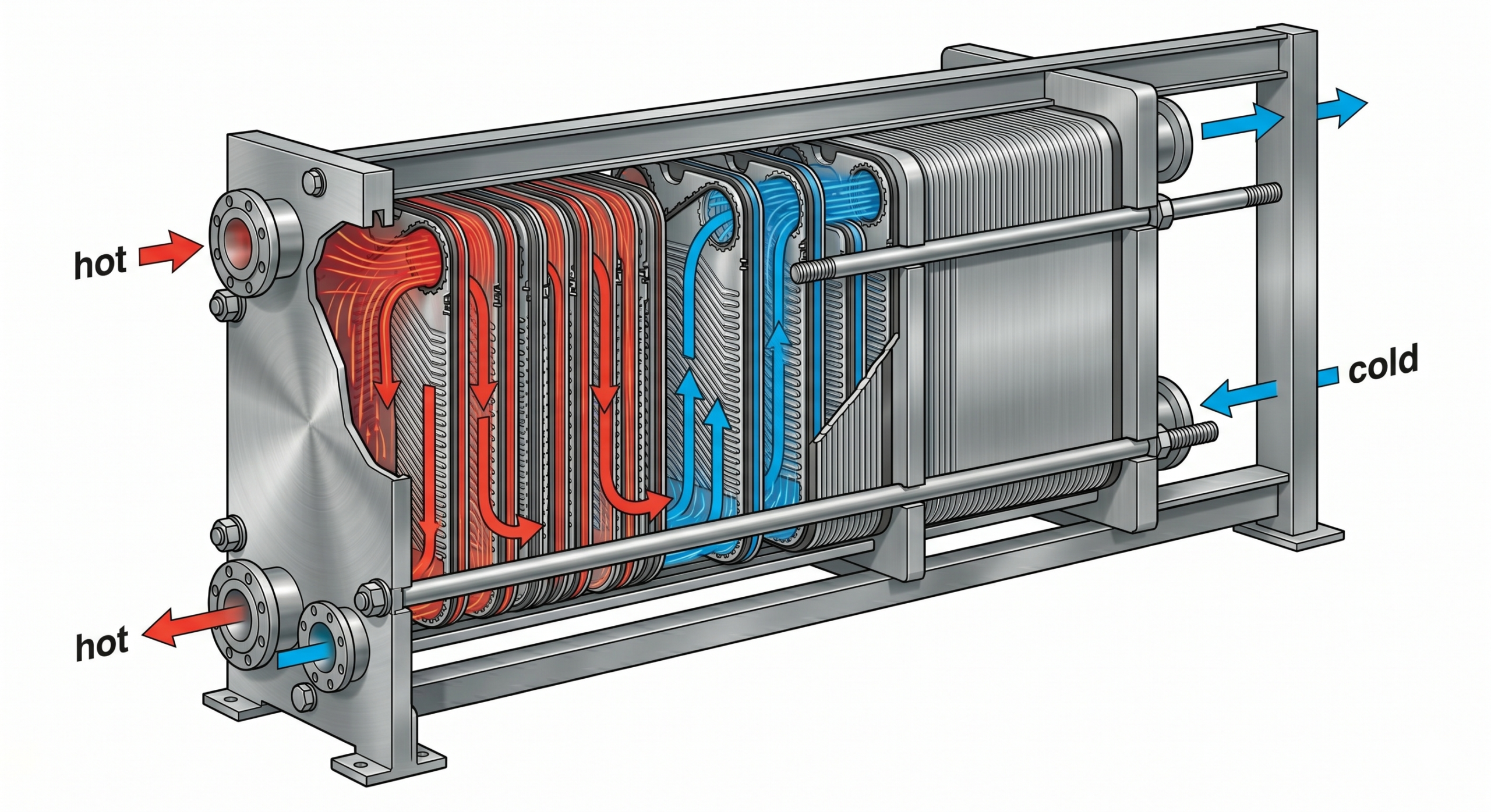 Industrial plate heat exchanger showing stacked corrugated plates used for compact and efficient heat transfer