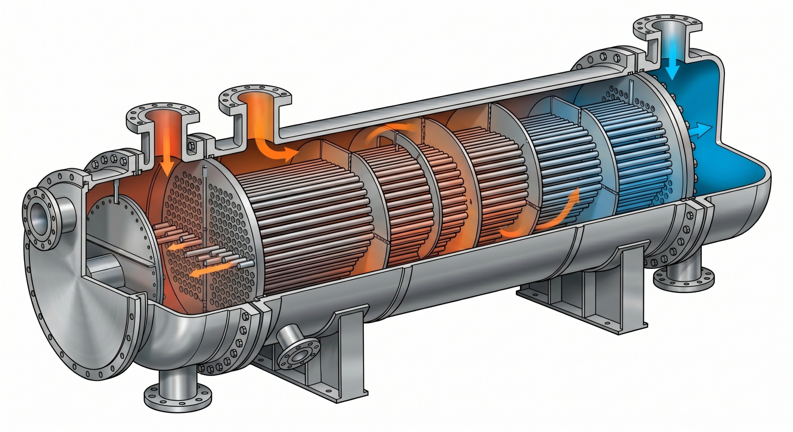 Industrial shell and tube heat exchanger showing tube bundle, shell, and baffles used in high-pressure process plants
