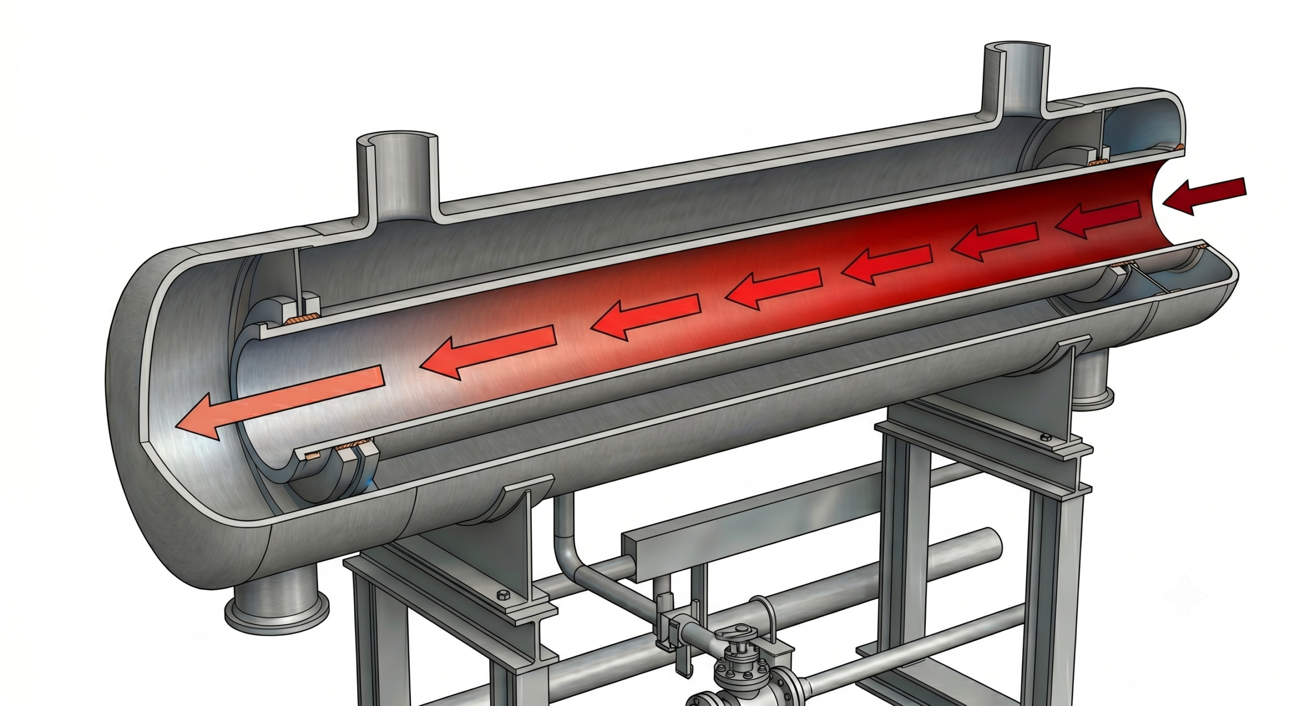 Industrial double pipe heat exchanger showing pipe within pipe construction with counterflow process streams